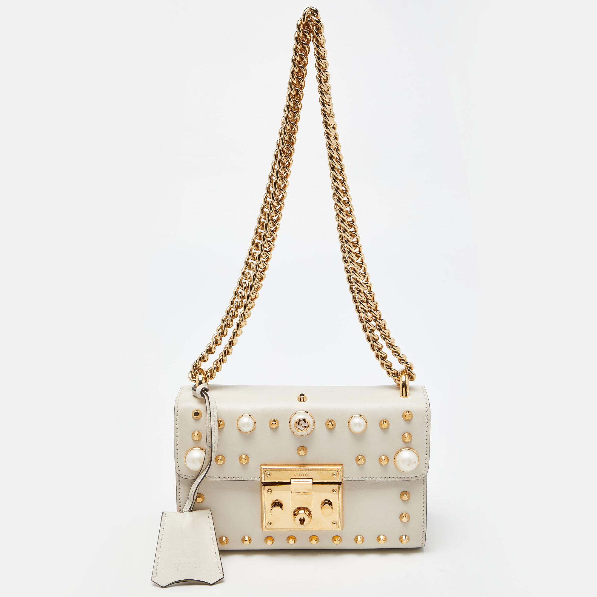 Gucci beige leather small pearl studded padlock shoulder bag