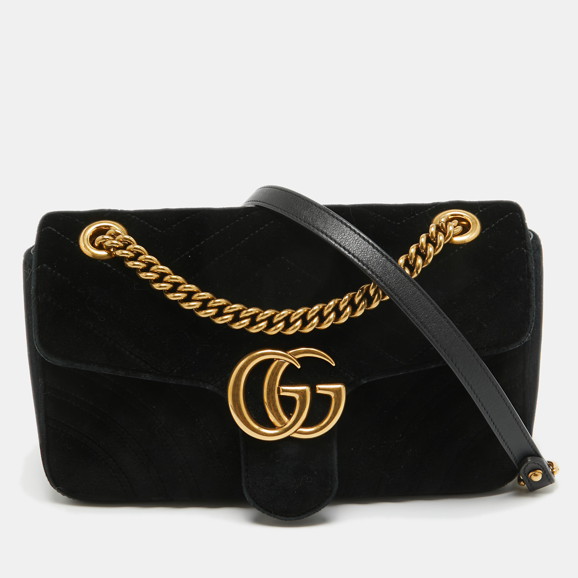 Gucci black matelass&eacute; velvet small gg marmont shoulder bag