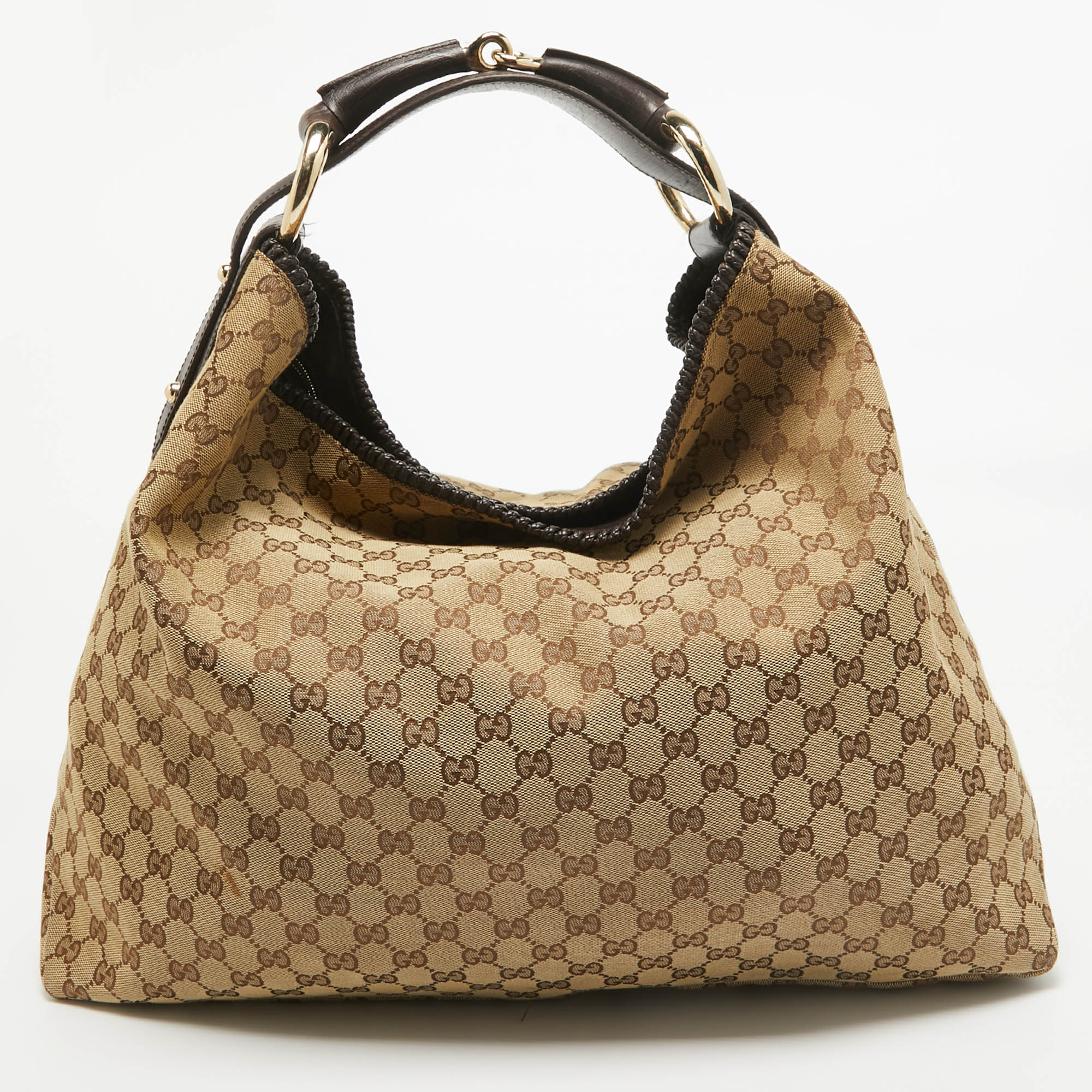 Gucci beige/brown gg canvas and leather large horsebit hobo