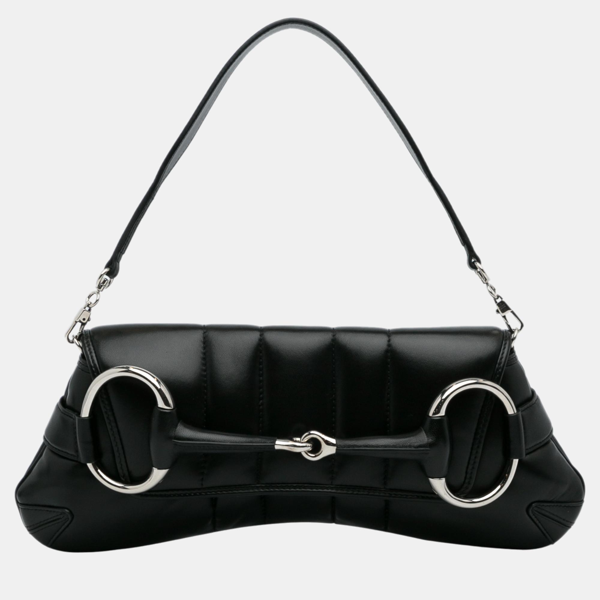 Gucci black leather horsebit chain satchel
