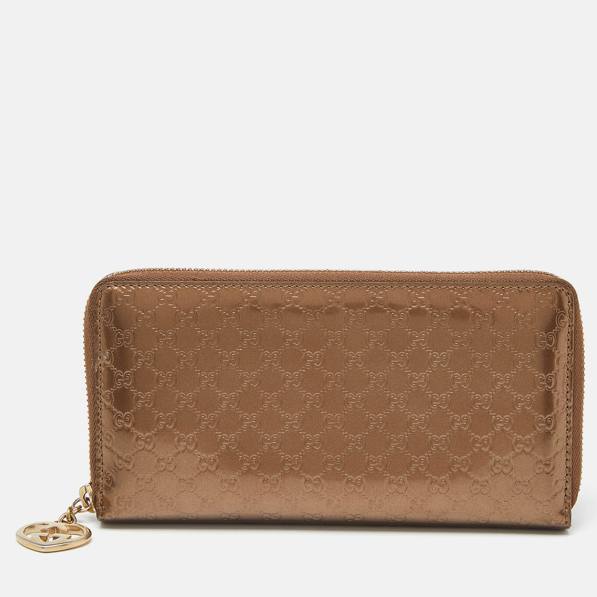 Gucci bronze guccissima patent leather zip around wallet
