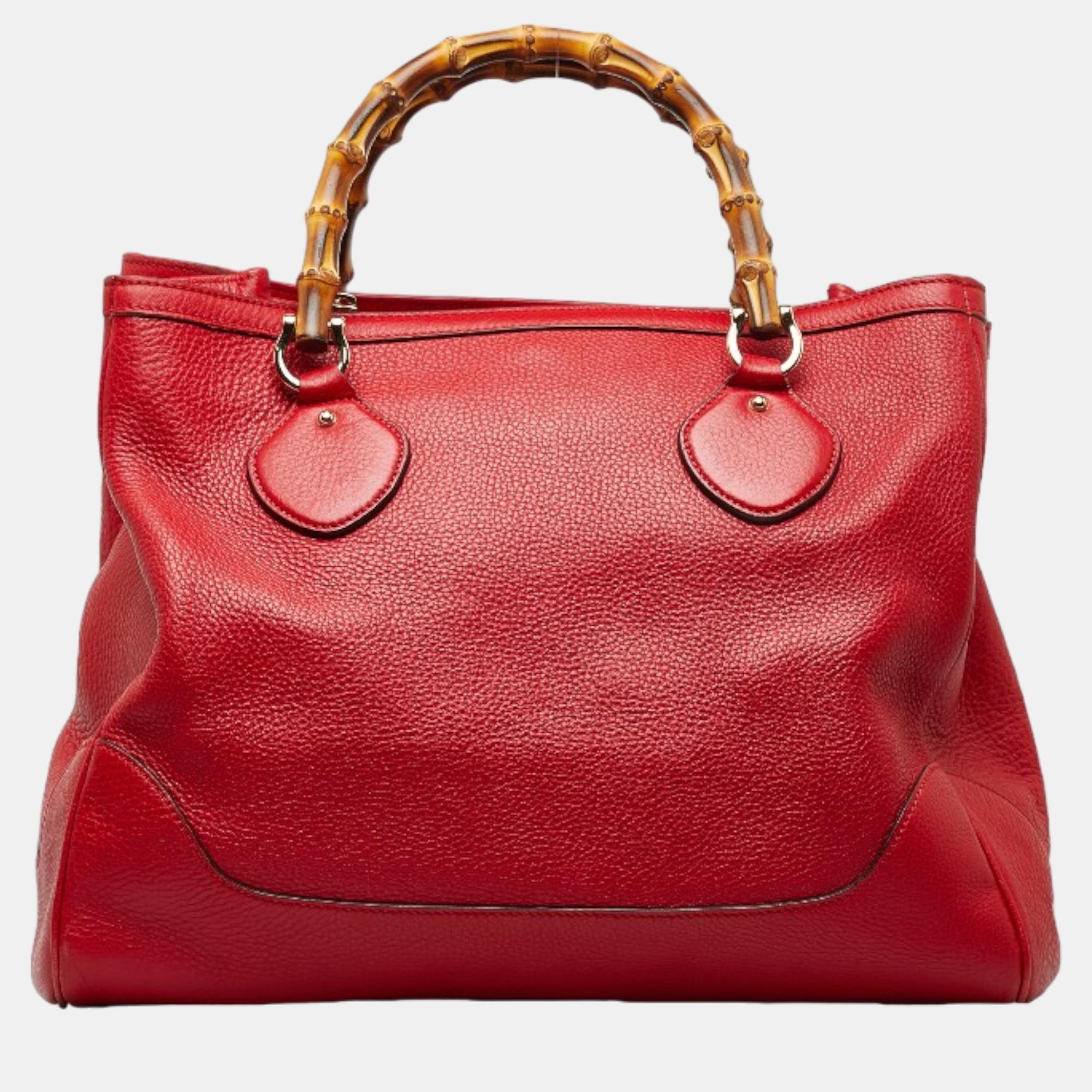 Gucci red leather medium bamboo diana totes