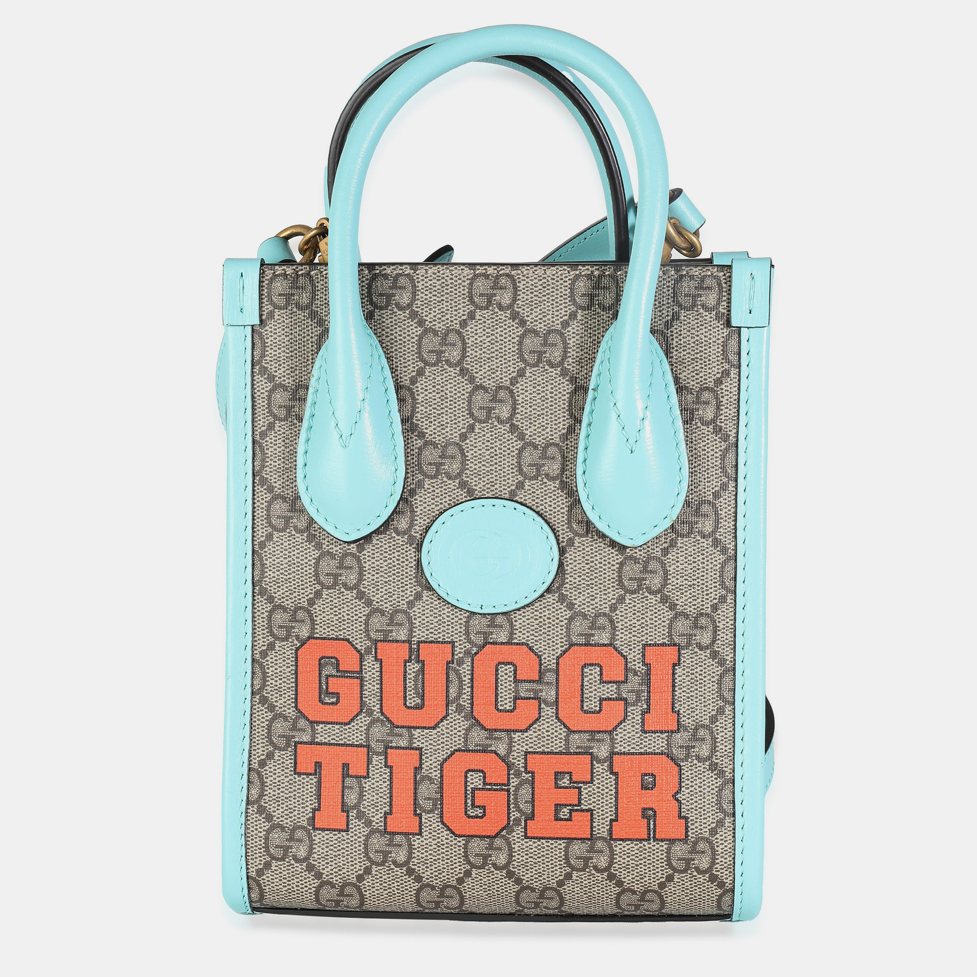 Gucci blue leather gg supreme canvas tiger mini tote bag