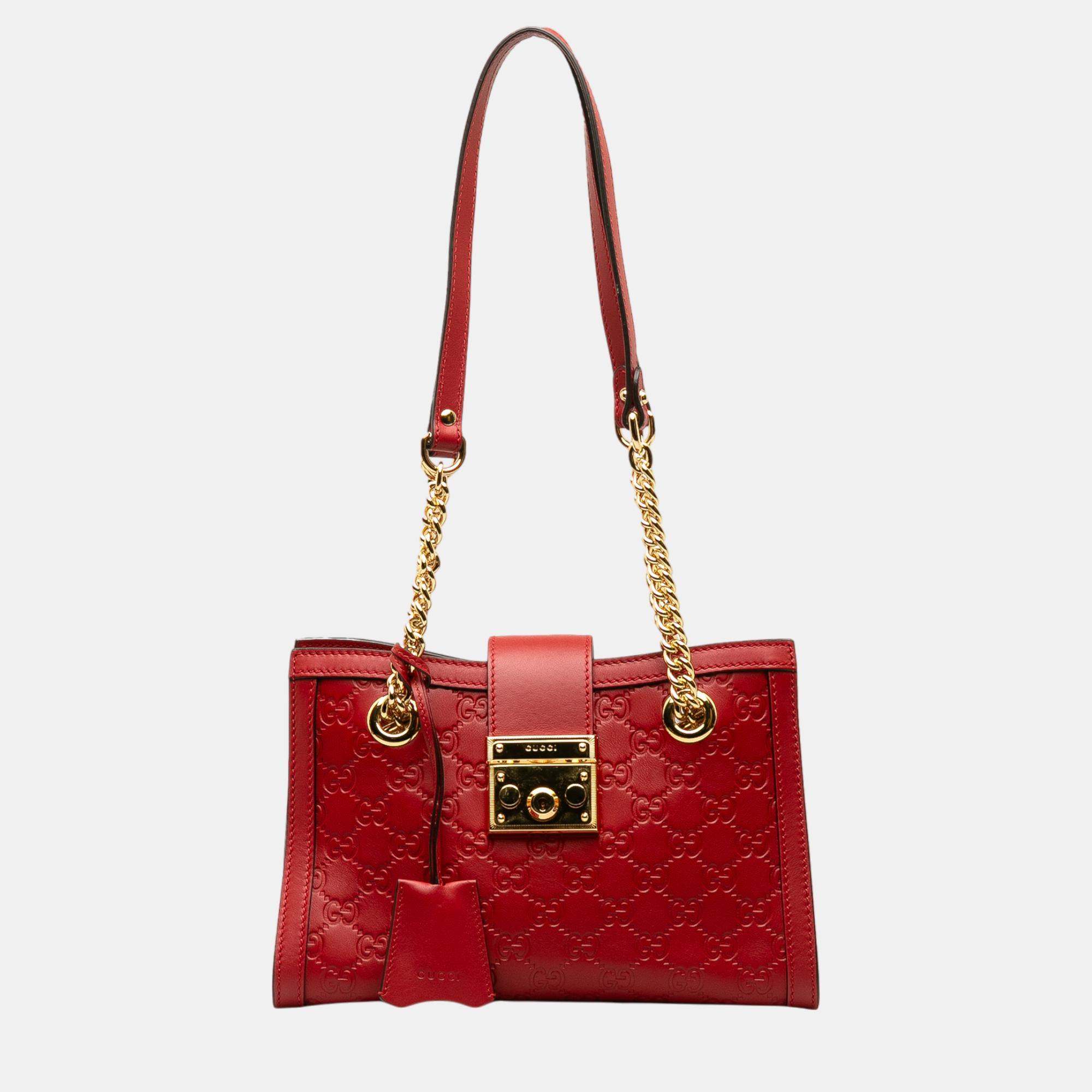 Gucci red guccissima padlock shoulder bag