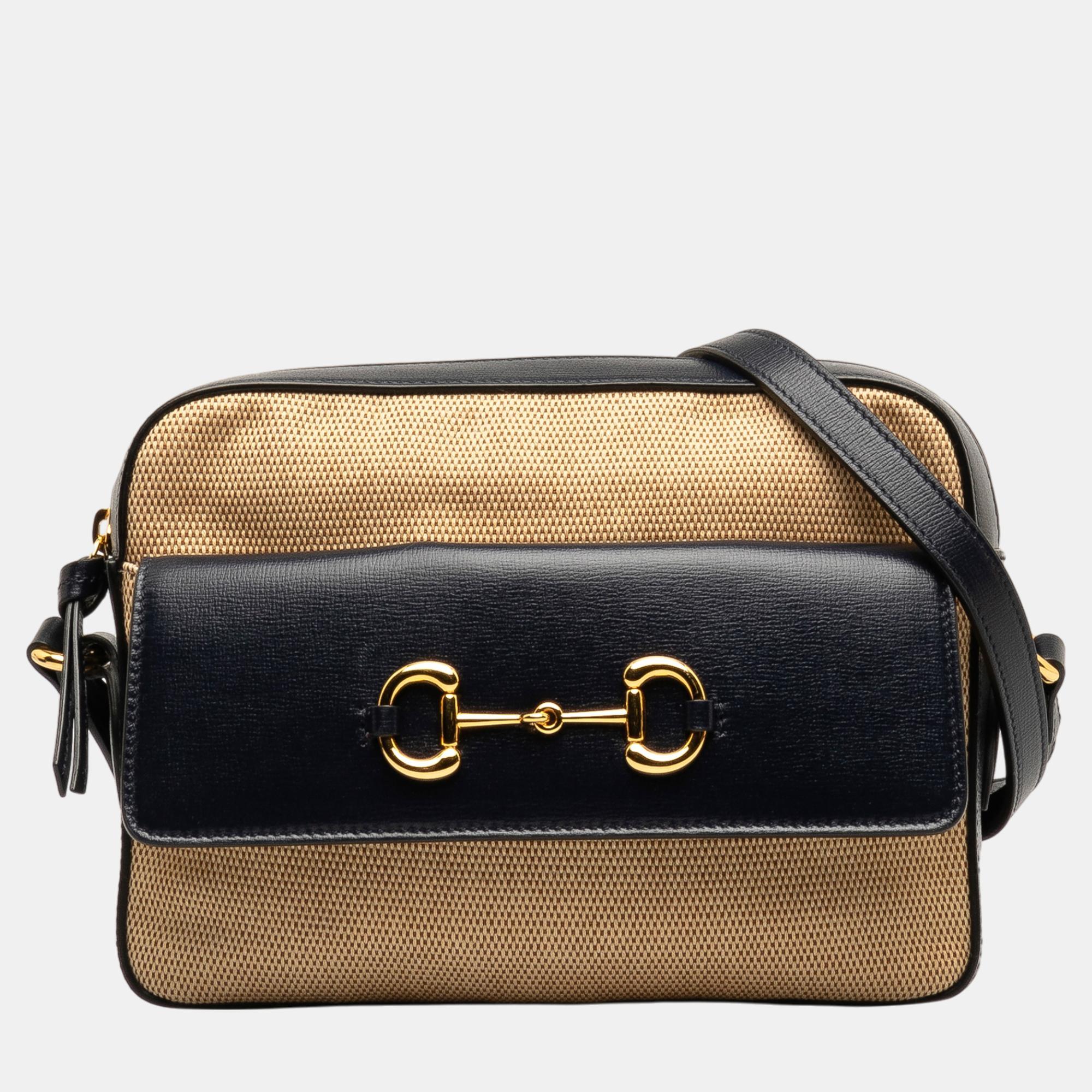Gucci beige/black horsebit 1955 flap pocket camera bag