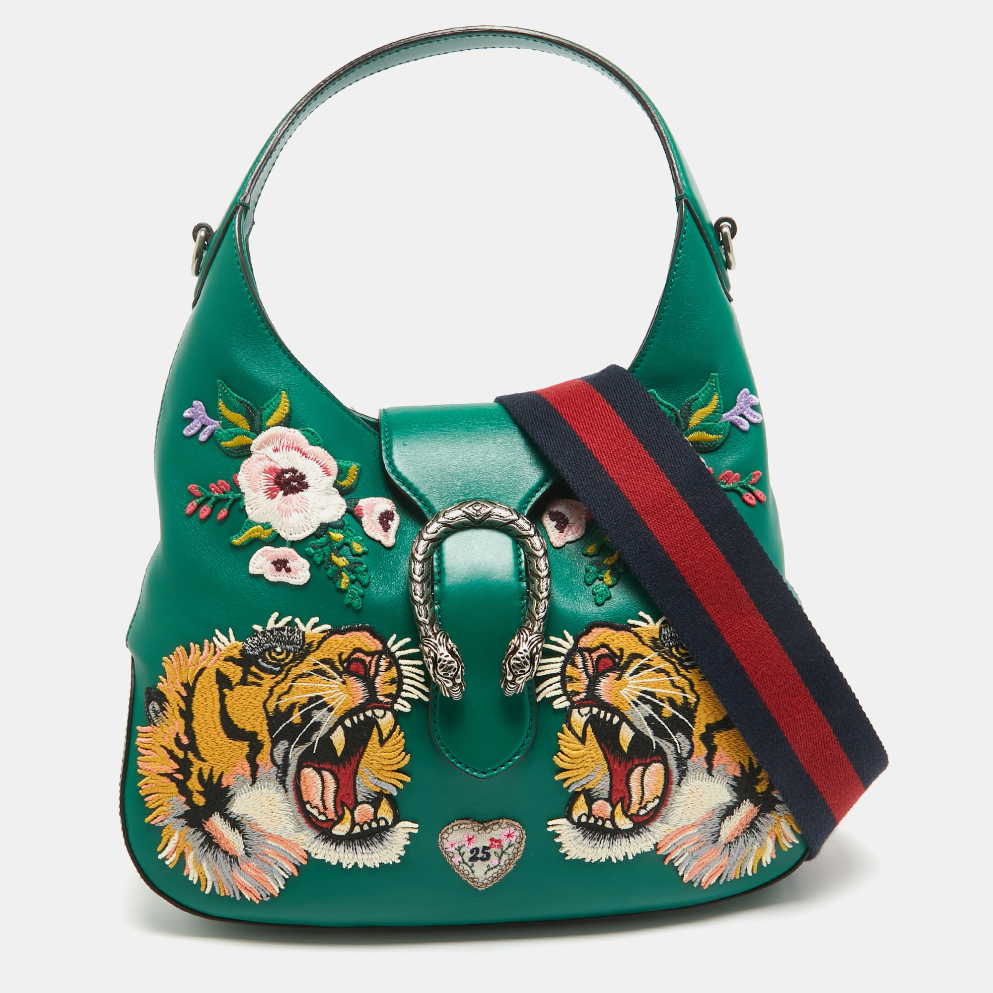 Gucci green leather embroidered tiger head large dionysus hobo