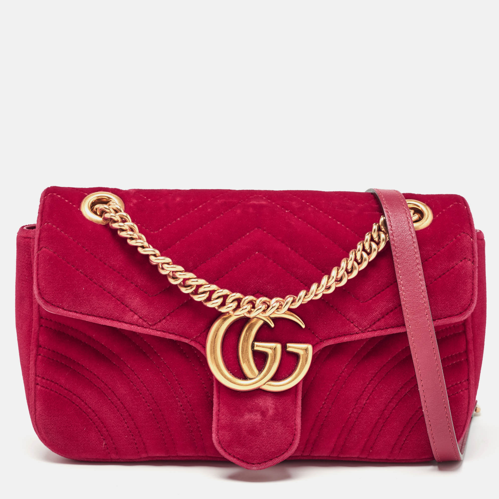 Gucci red matelass&eacute; velvet small gg marmont shoulder bag