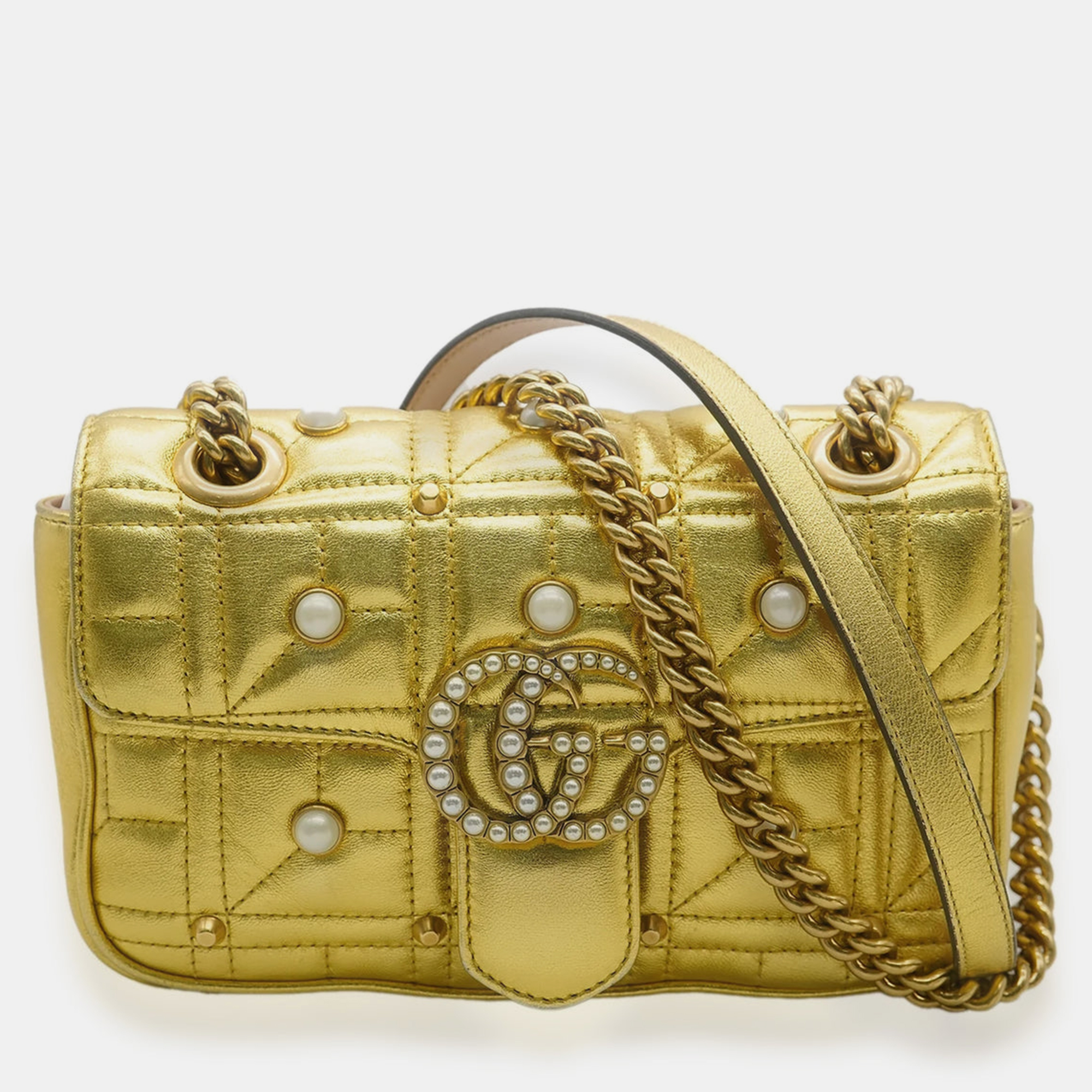 

Gucci Metallic Leather Mini Aria Pearly GG Marmont Matelasse Shoulder Bag