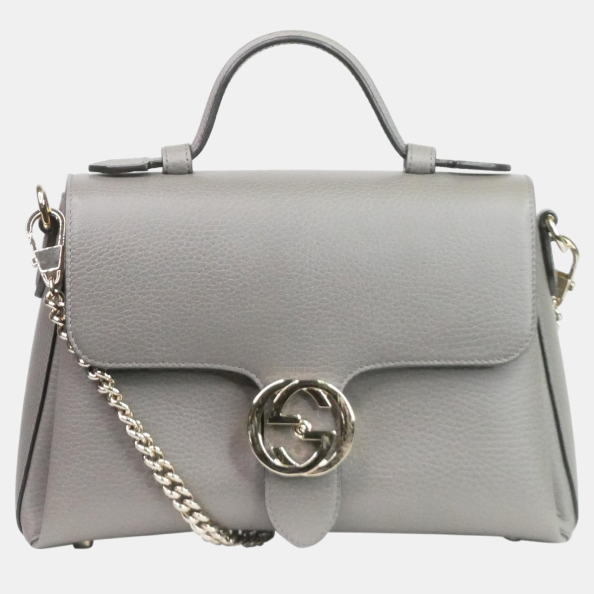 Gucci grey leather medium dollar interlocking g top handle bag