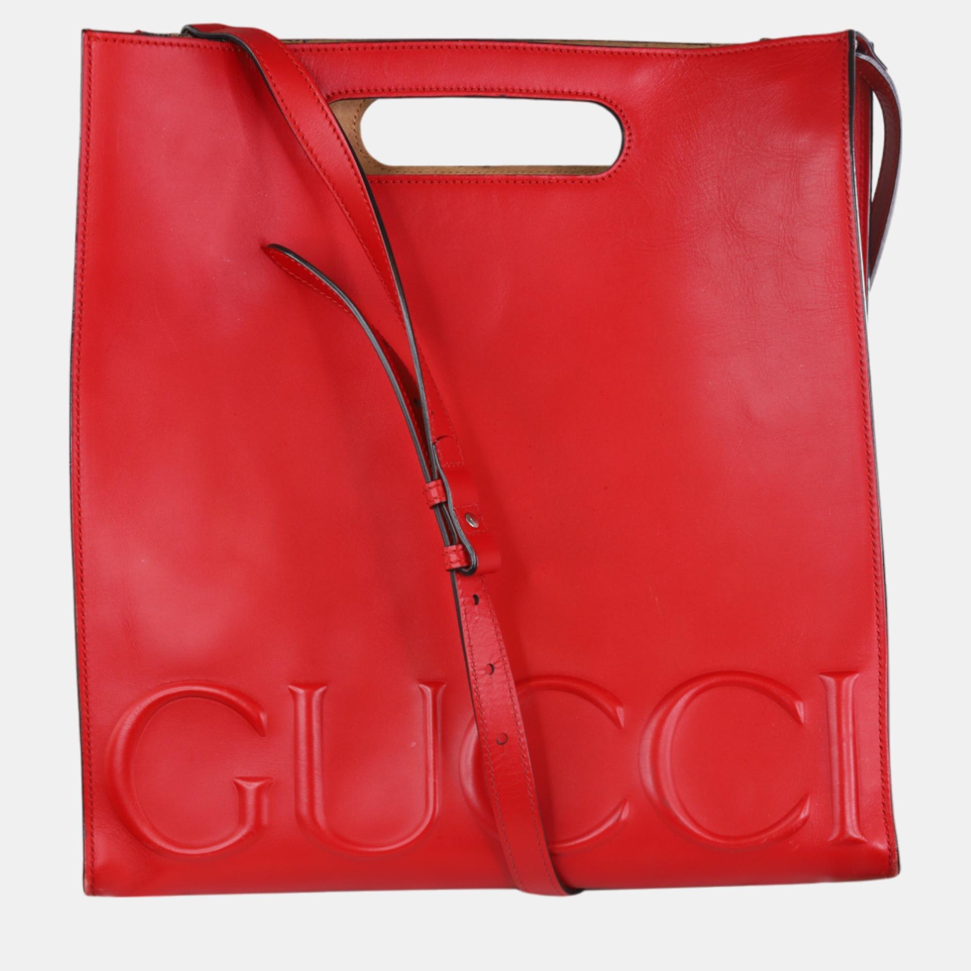 Gucci red leather xl linear tote bag
