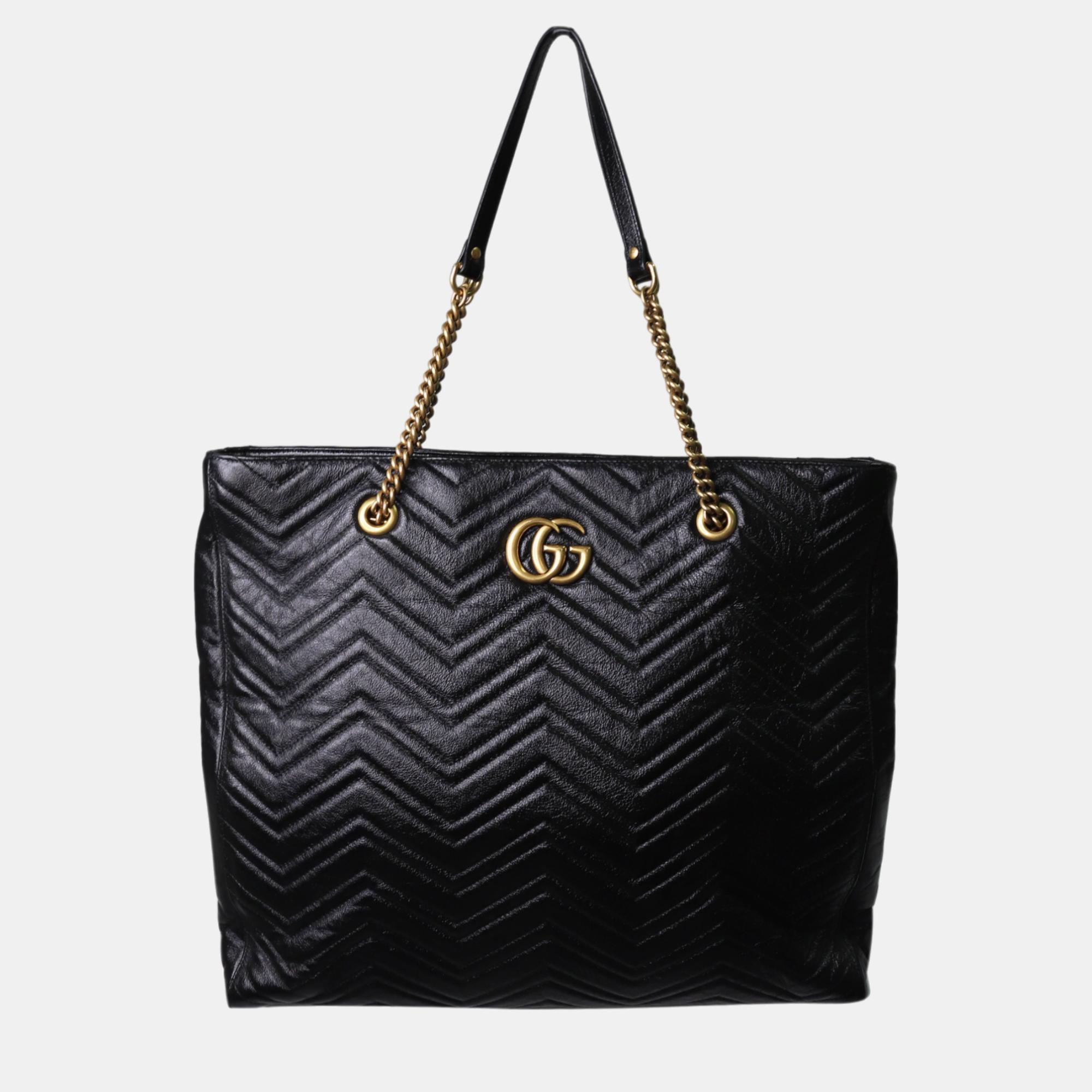 Gucci black leather gg marmont matelass&eacute; tote bag
