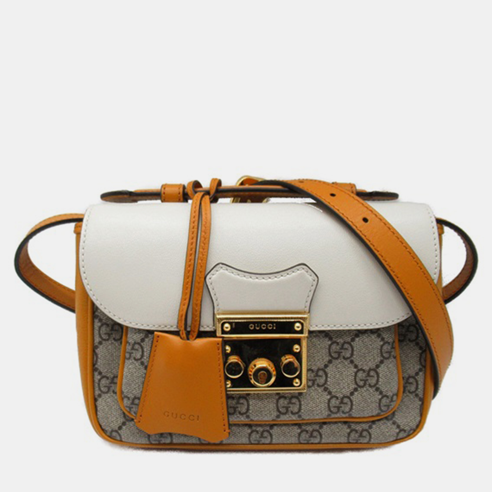 Gucci gg coated canvas and leather mini padlock front pocket flap shoulder bag