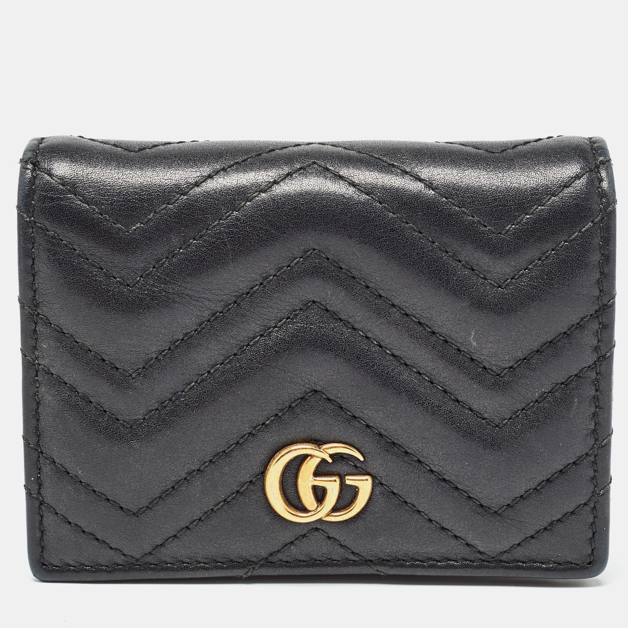 Gucci black matelass&eacute; leather gg marmont card case