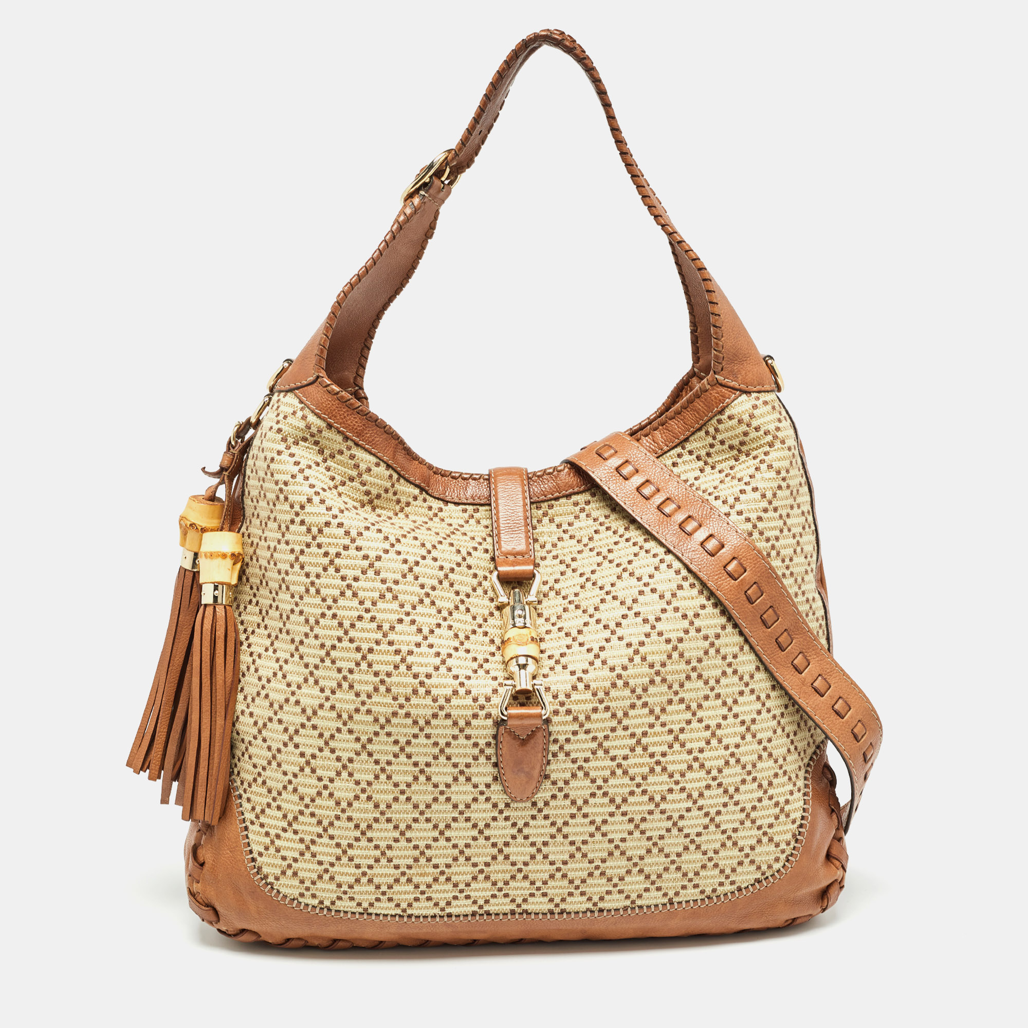 Gucci brown/light beige diamante raffia and leather large new jackie hobo