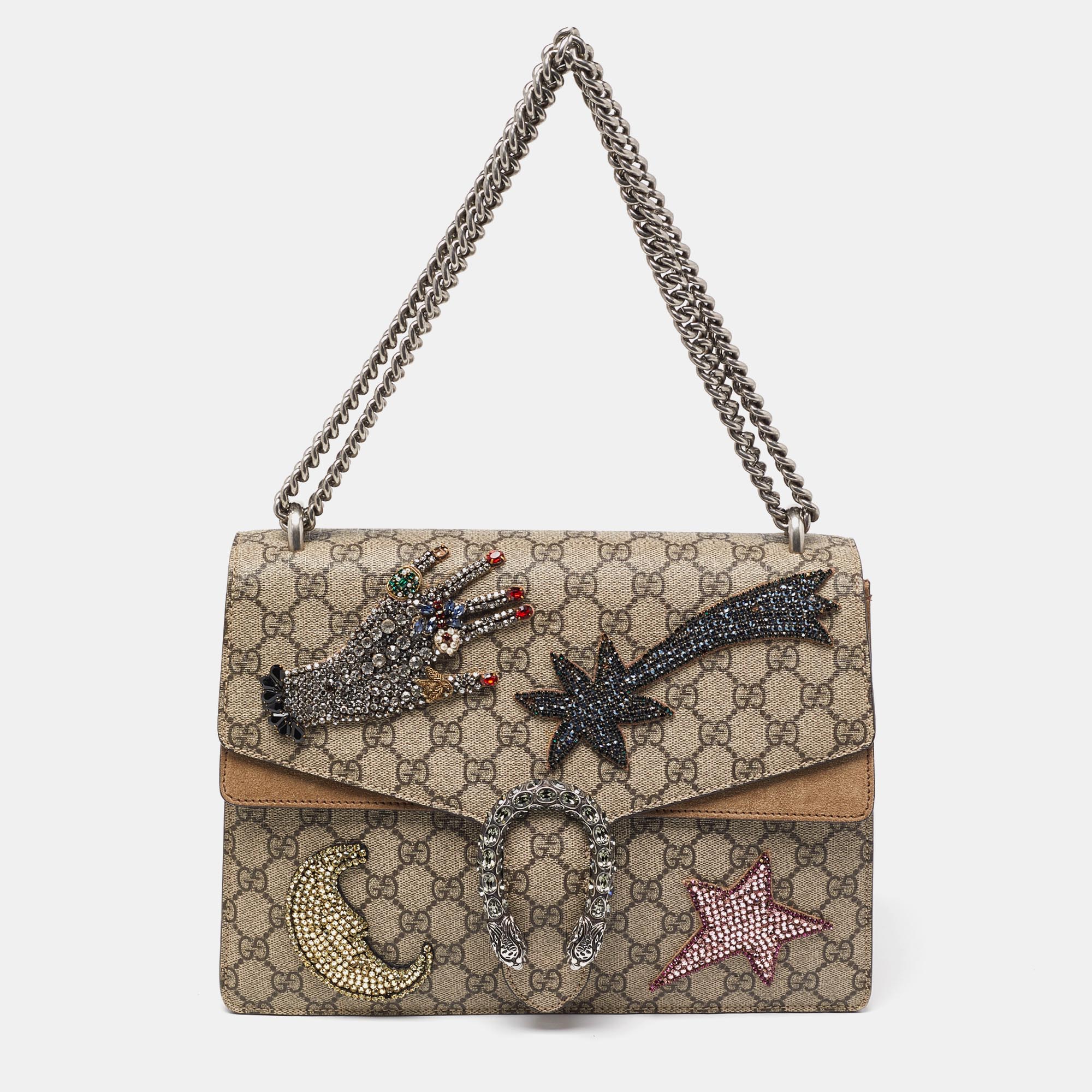 Gucci beige gg supreme canvas and suede medium dionysus embellished shoulder bag