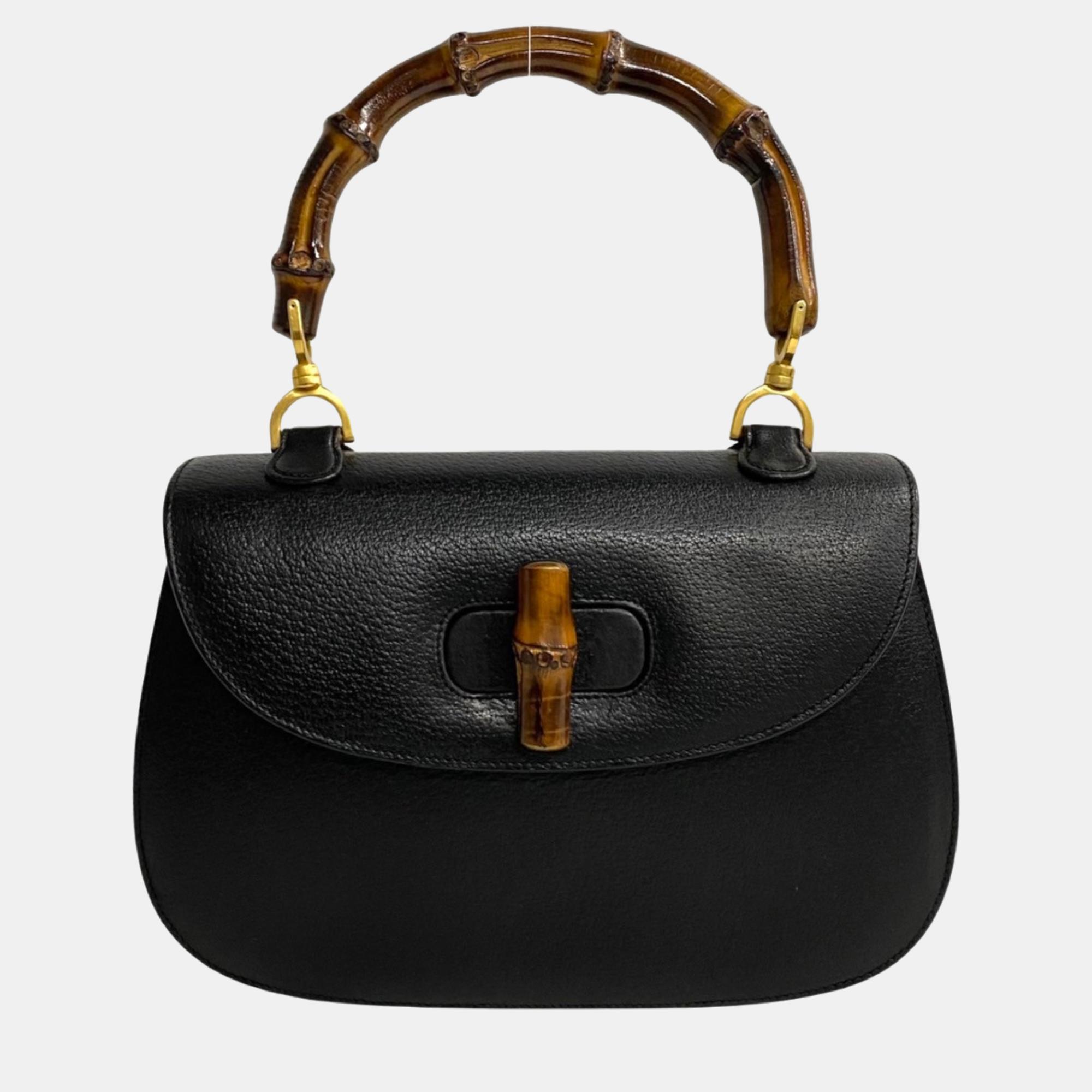Gucci black leather bamboo top handle bag
