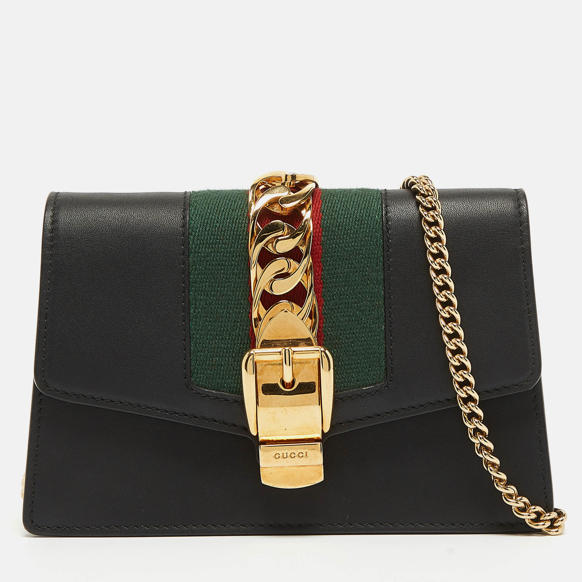 Gucci black leather super mini sylvie chain shoulder bag