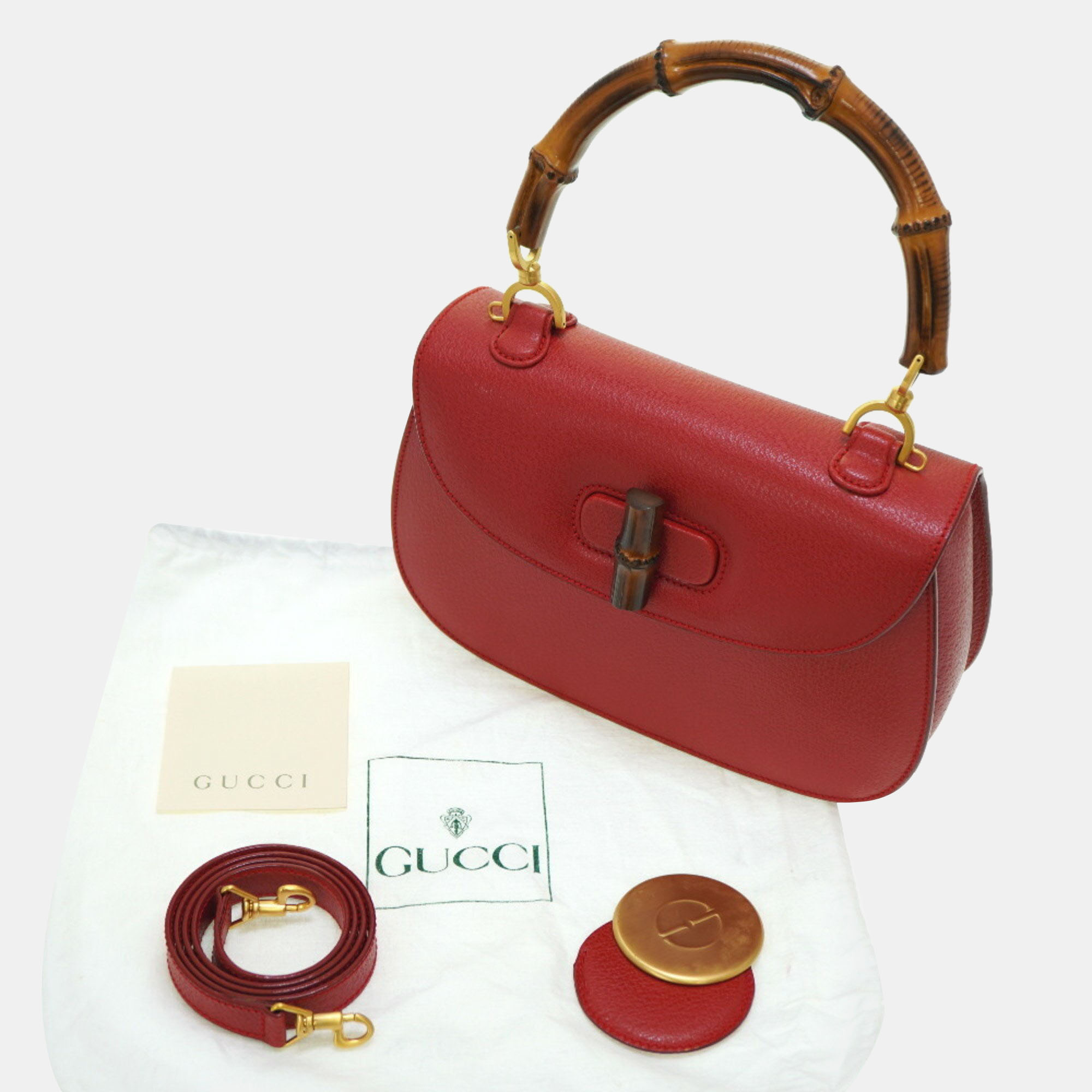 Gucci Red Leather Bamboo 1947 Top Handle Bag