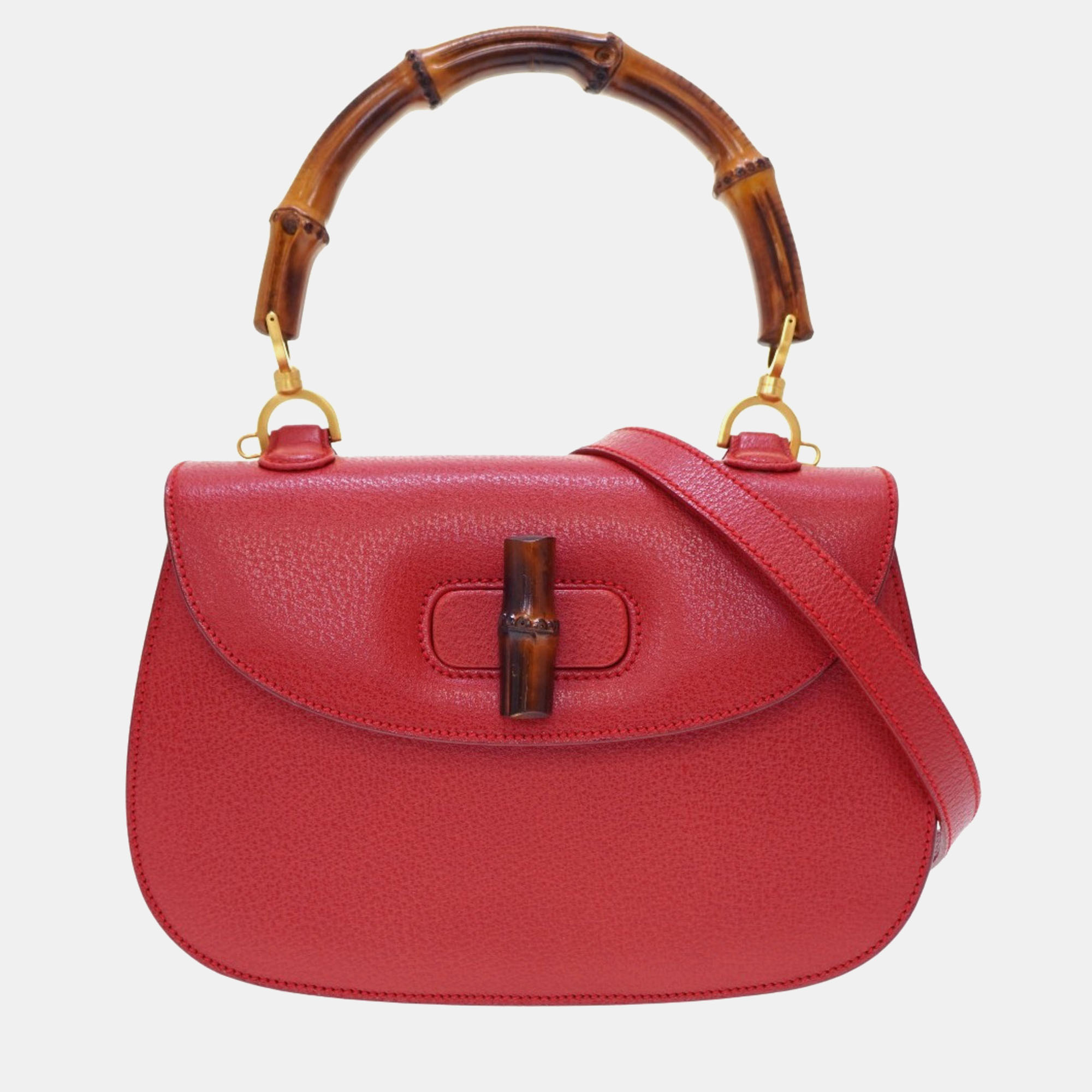 Gucci red leather bamboo 1947 top handle bag