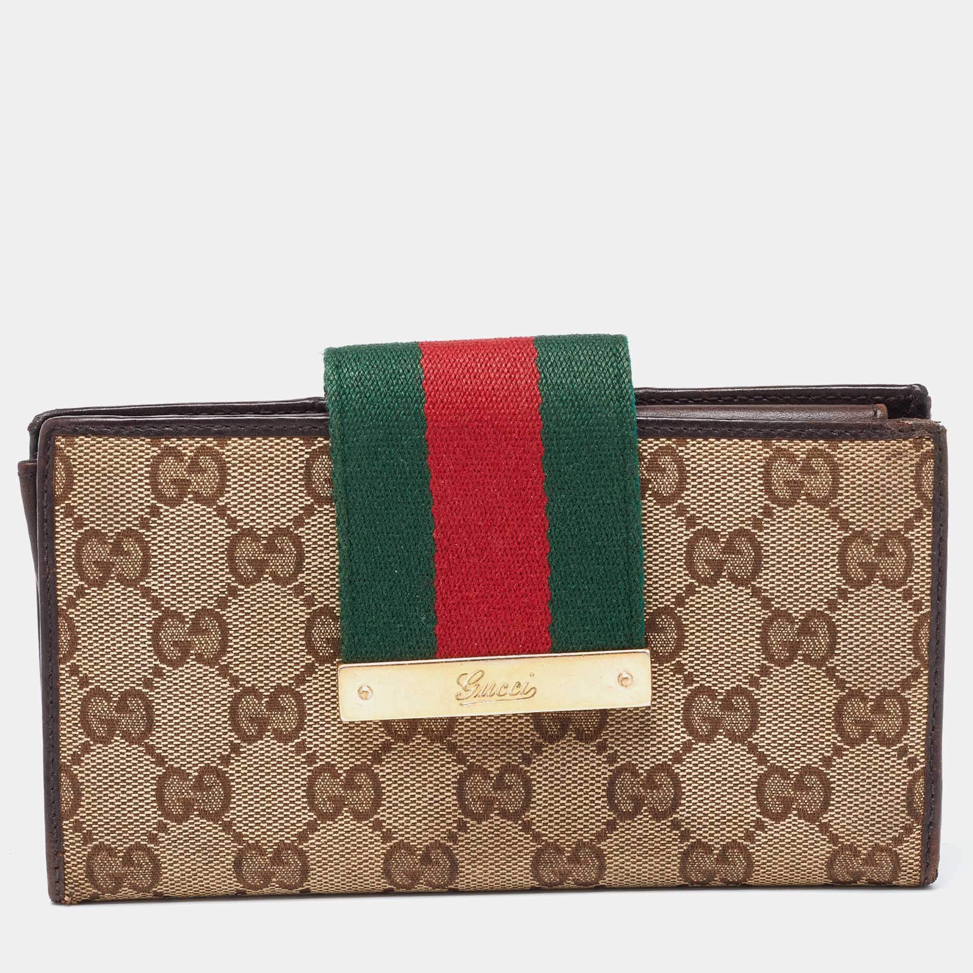 Gucci beige/ebony gg canvas and leather ladies web continental wallet