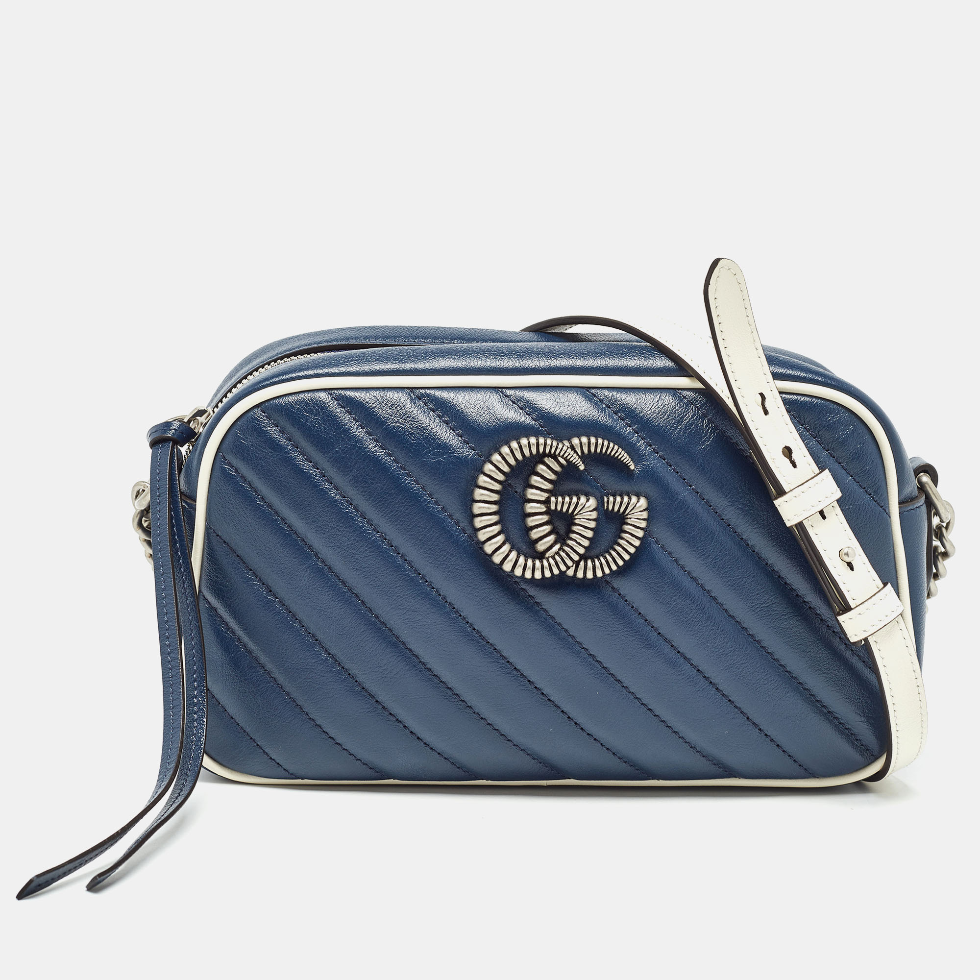 Gucci navy blue/white diagonal matelass&eacute; leather small gg marmont shoulder bag