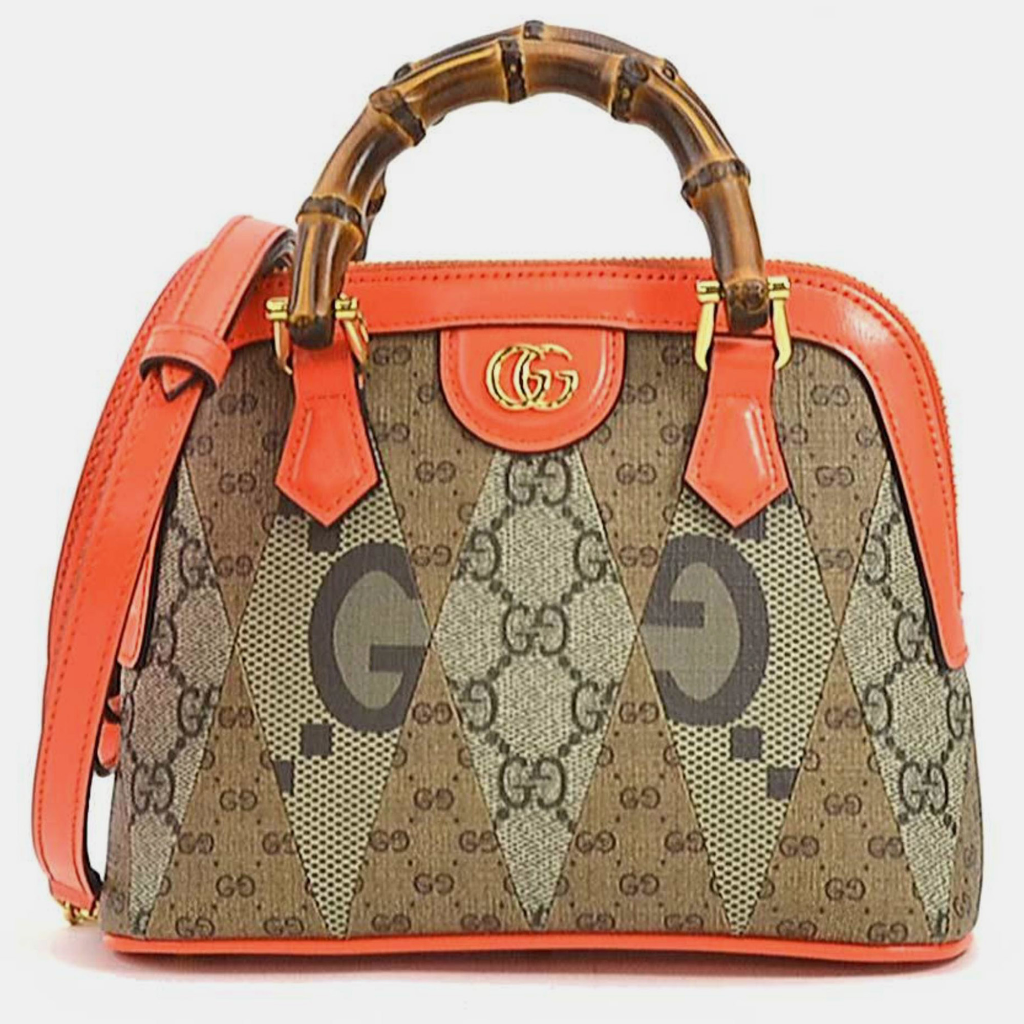 Gucci orange/brown gg supreme canvas bamboo top handle bag