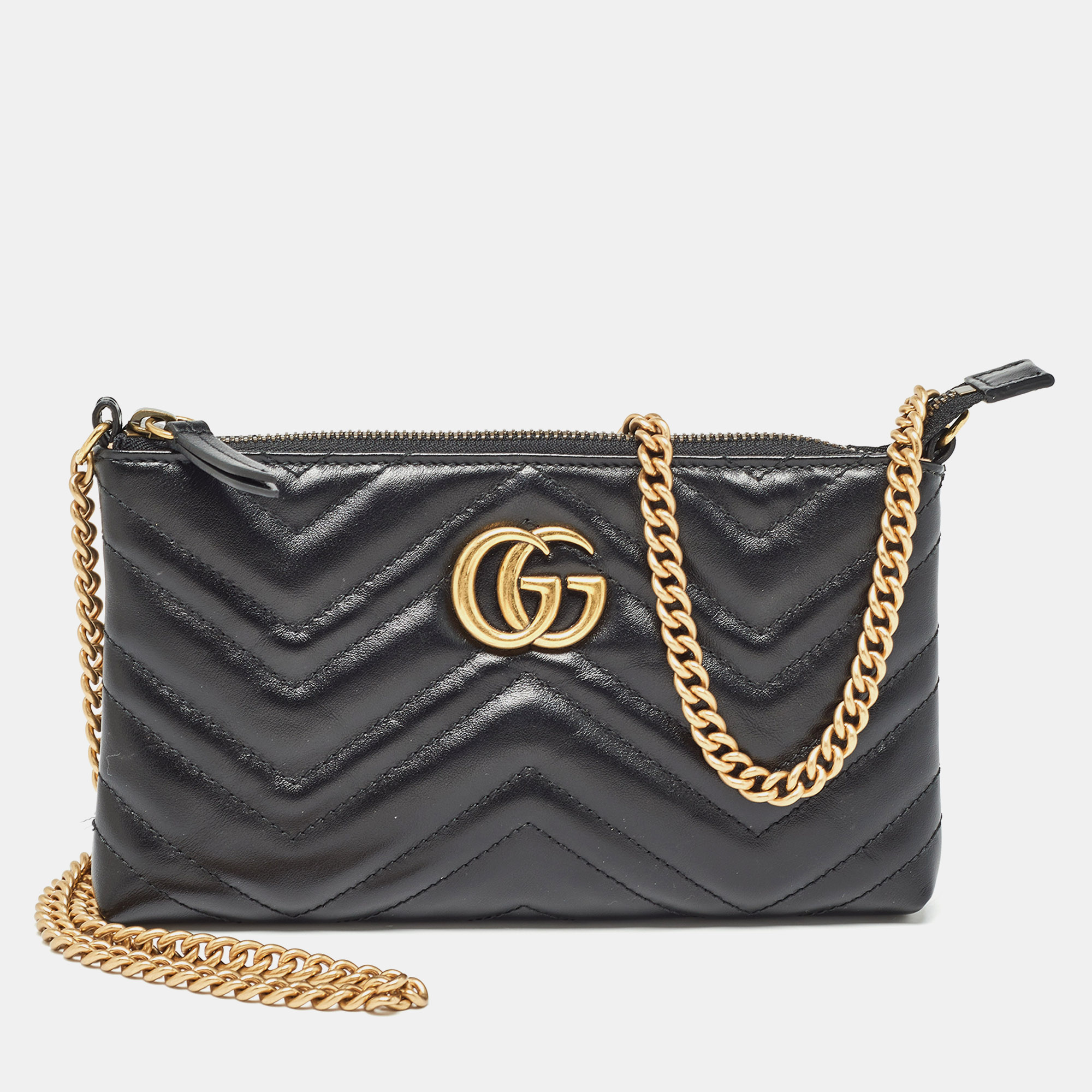 Gucci black matelass&eacute; leather gg marmont chain clutch