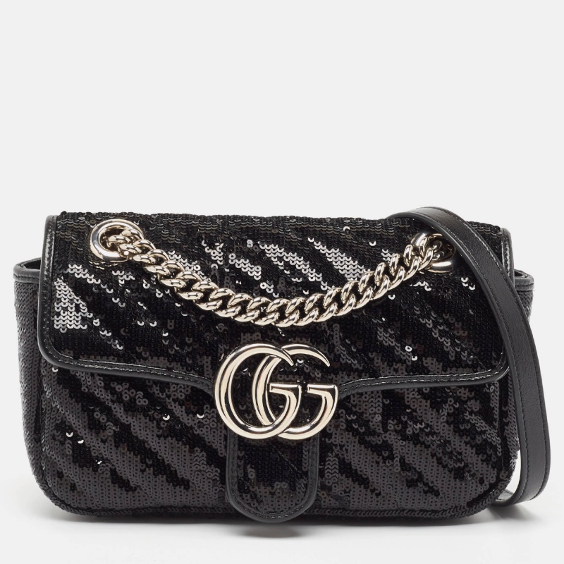 Gucci black diagonal sequins and leather mini gg marmont shoulder bag