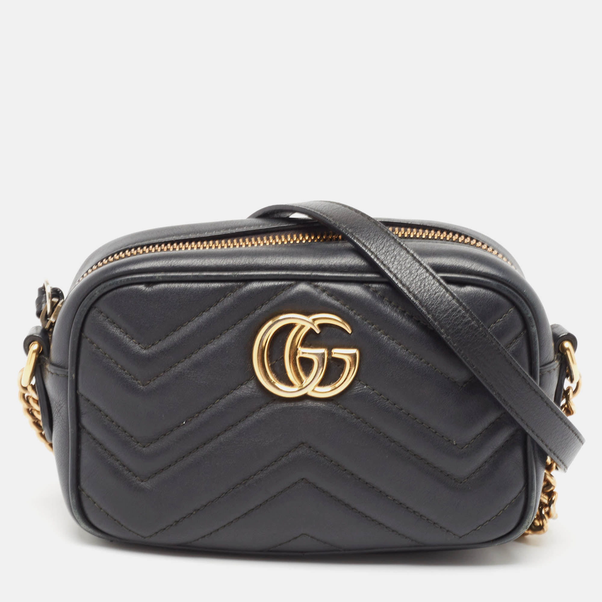 Gucci black matelass&eacute; leather mini gg marmont crossbody bag