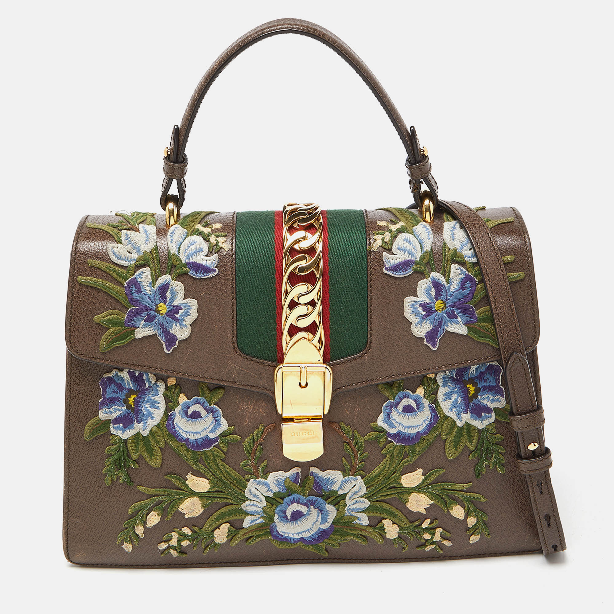 Gucci brown floral embroidered leather medium sylvie top handle bag