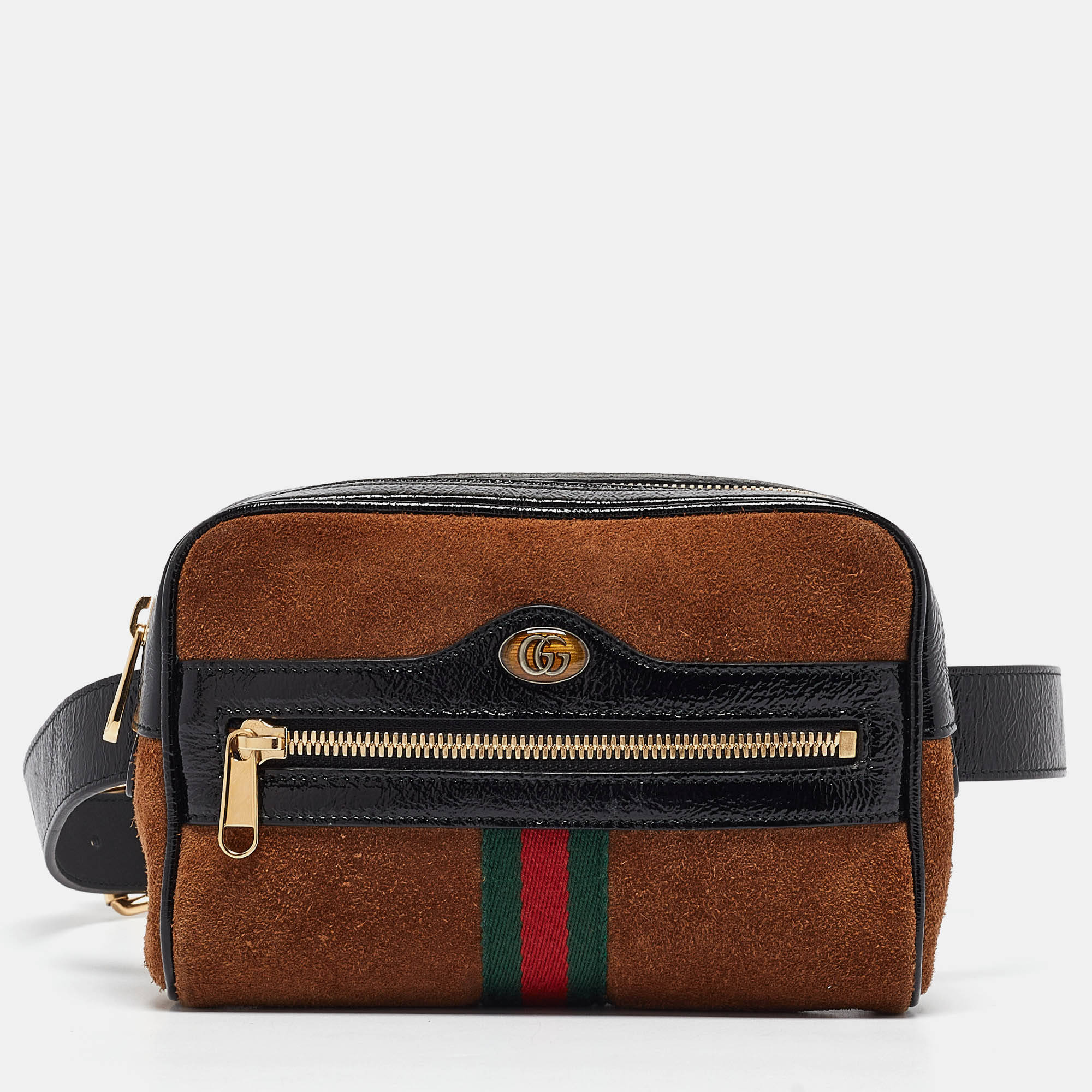 Gucci black/brown suede and patent leather ophidia belt bag