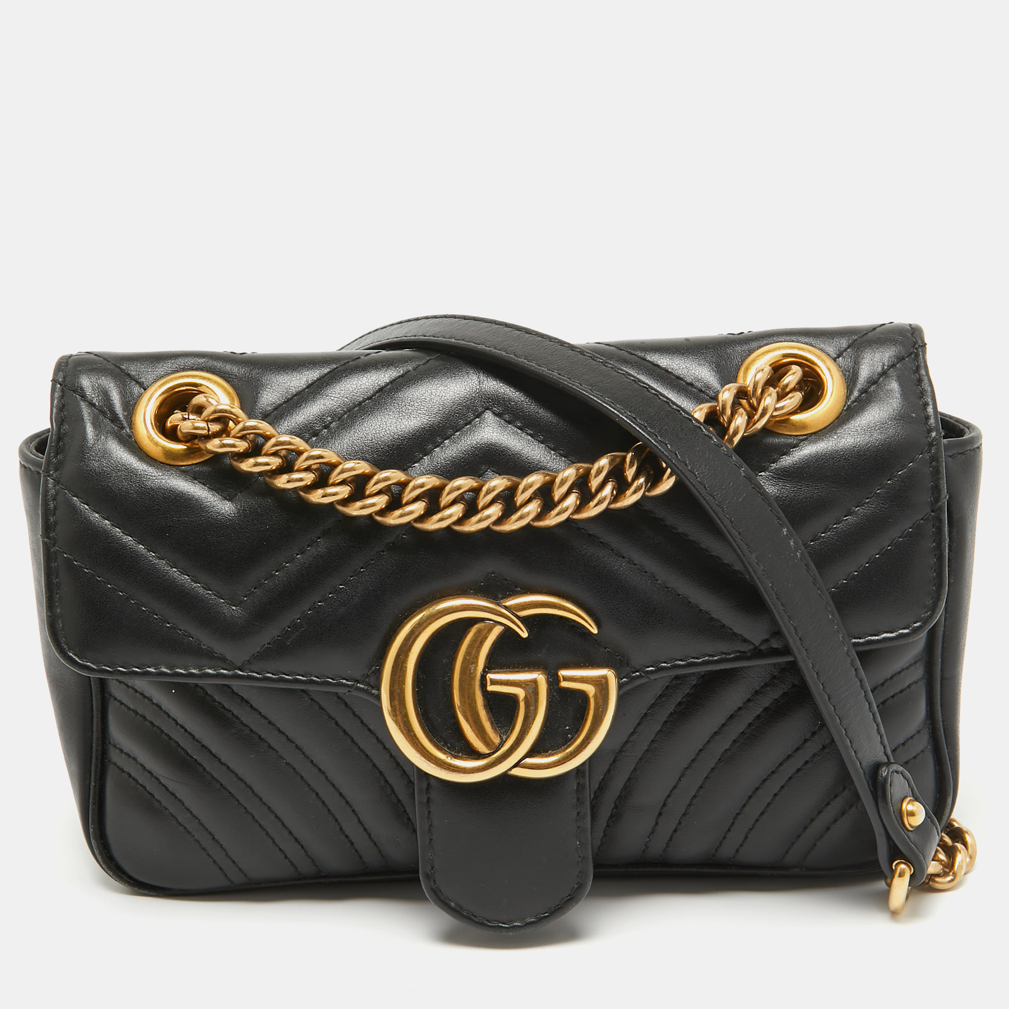 Gucci black matelass&eacute; leather mini gg marmont shoulder bag