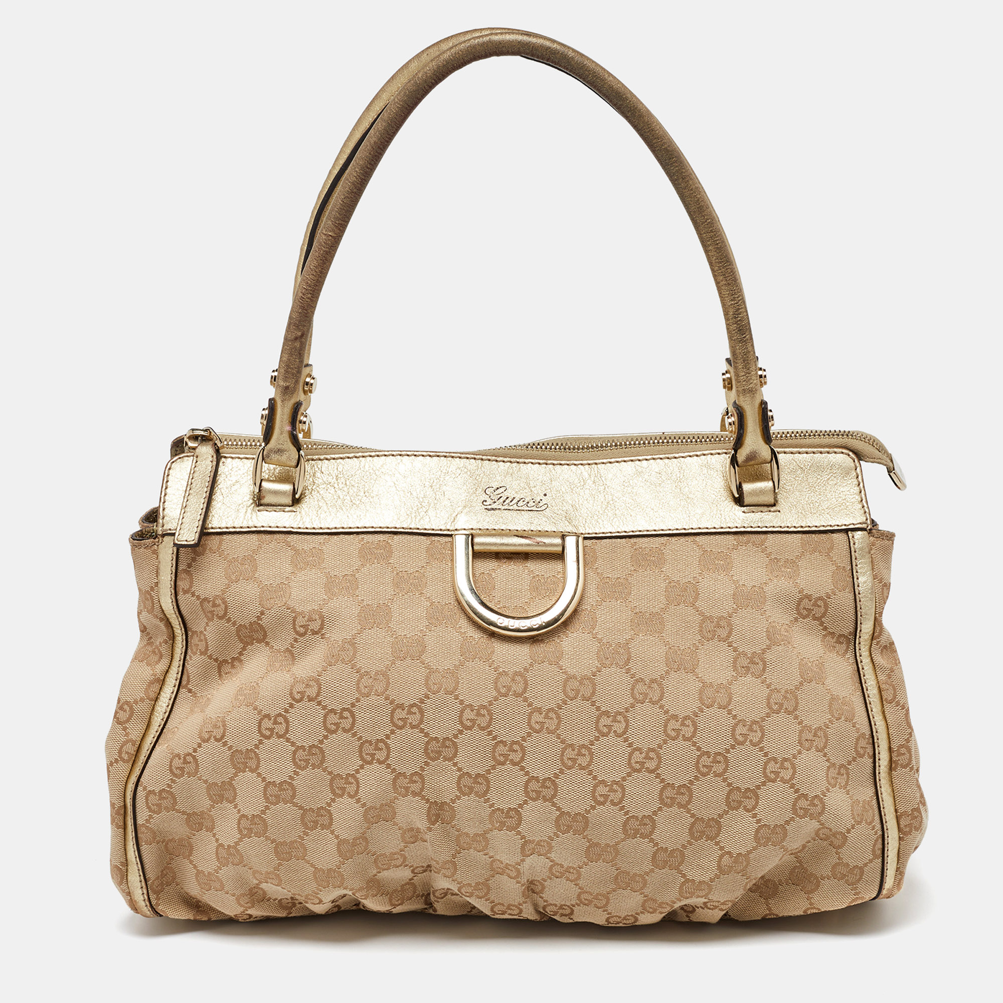 Gucci beige/gold gg canvas and leather d ring satchel