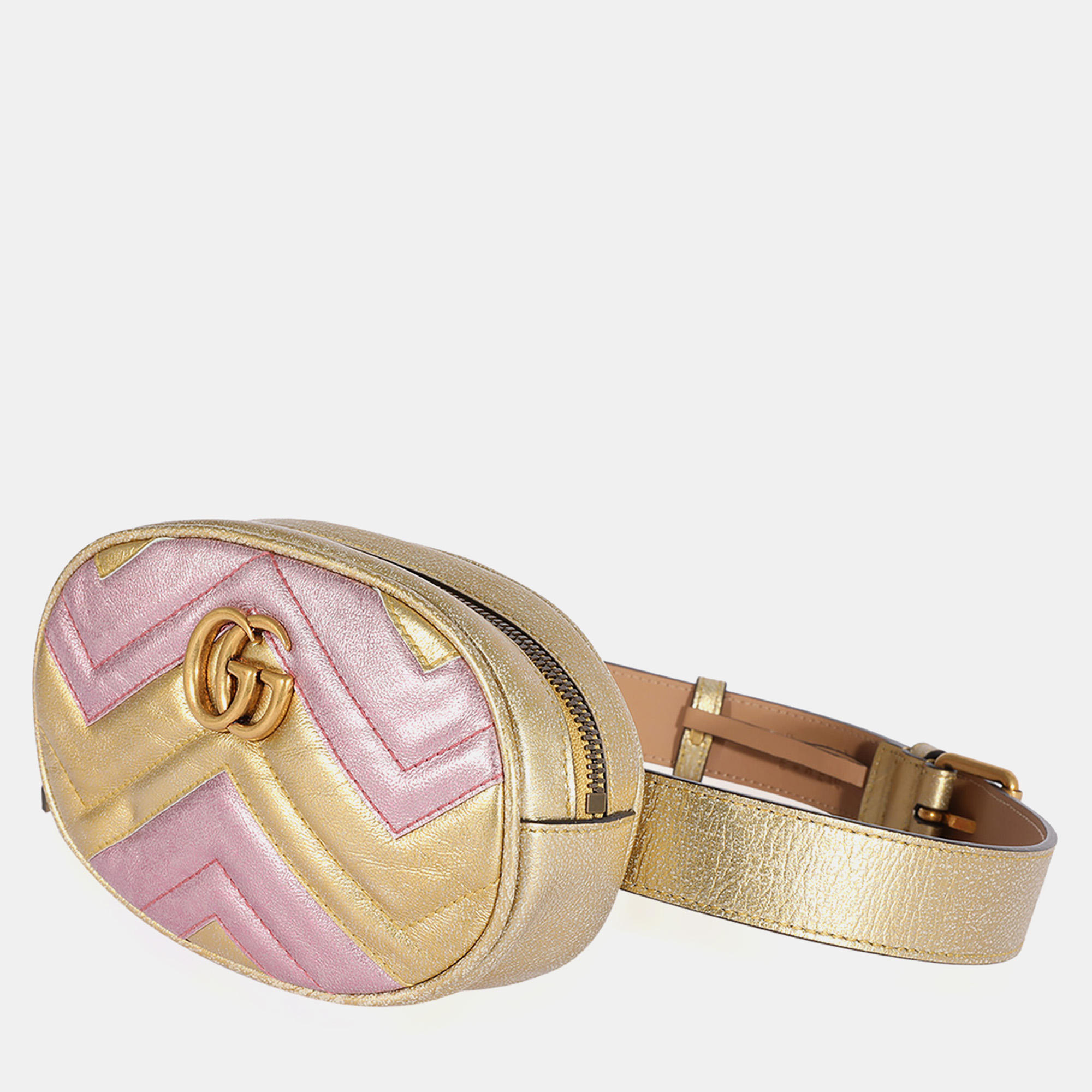 Gucci Metallic Gold & Pink Matelasse Marmont Belt Bag