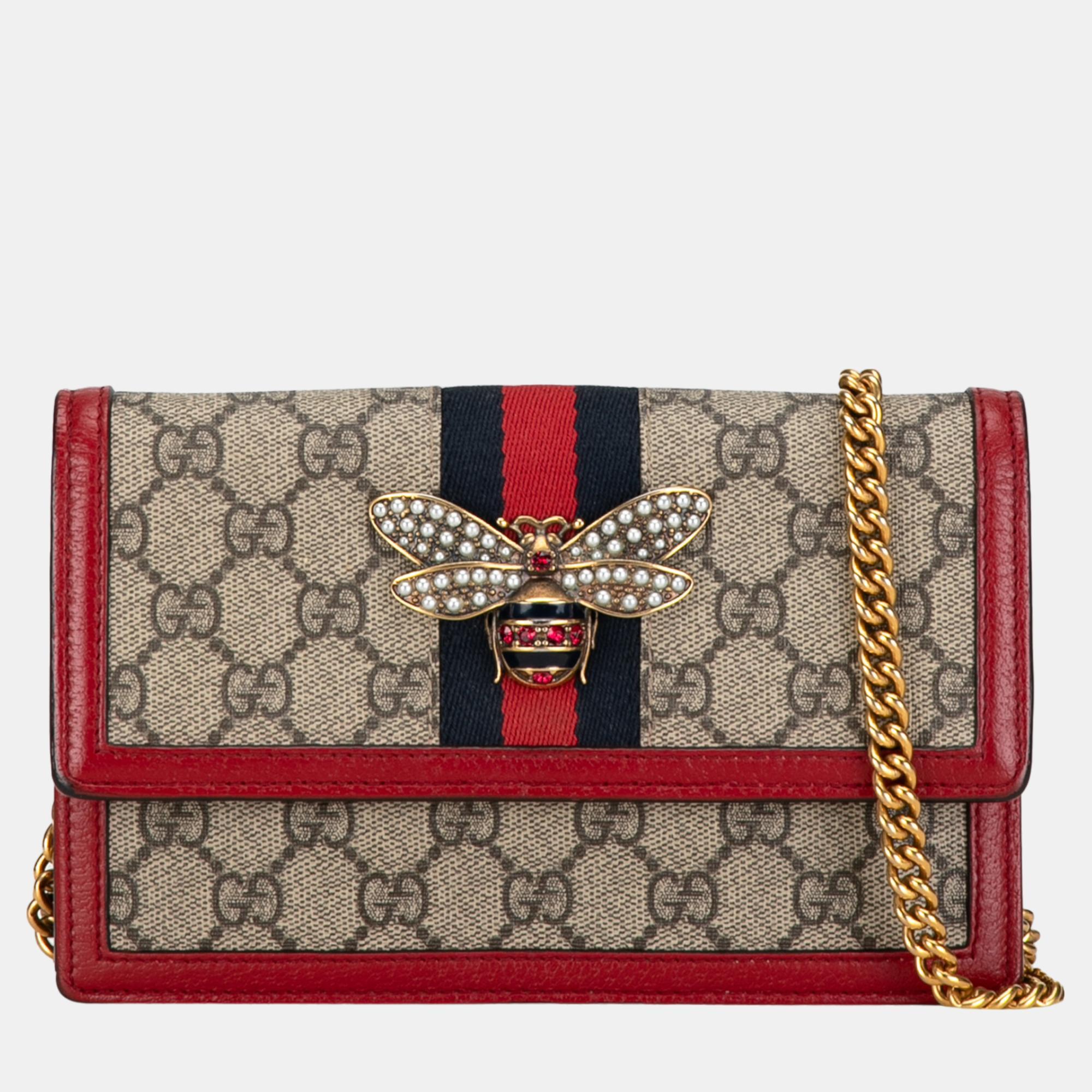 Gucci beige/brown gg supreme queen margaret wallet on chain