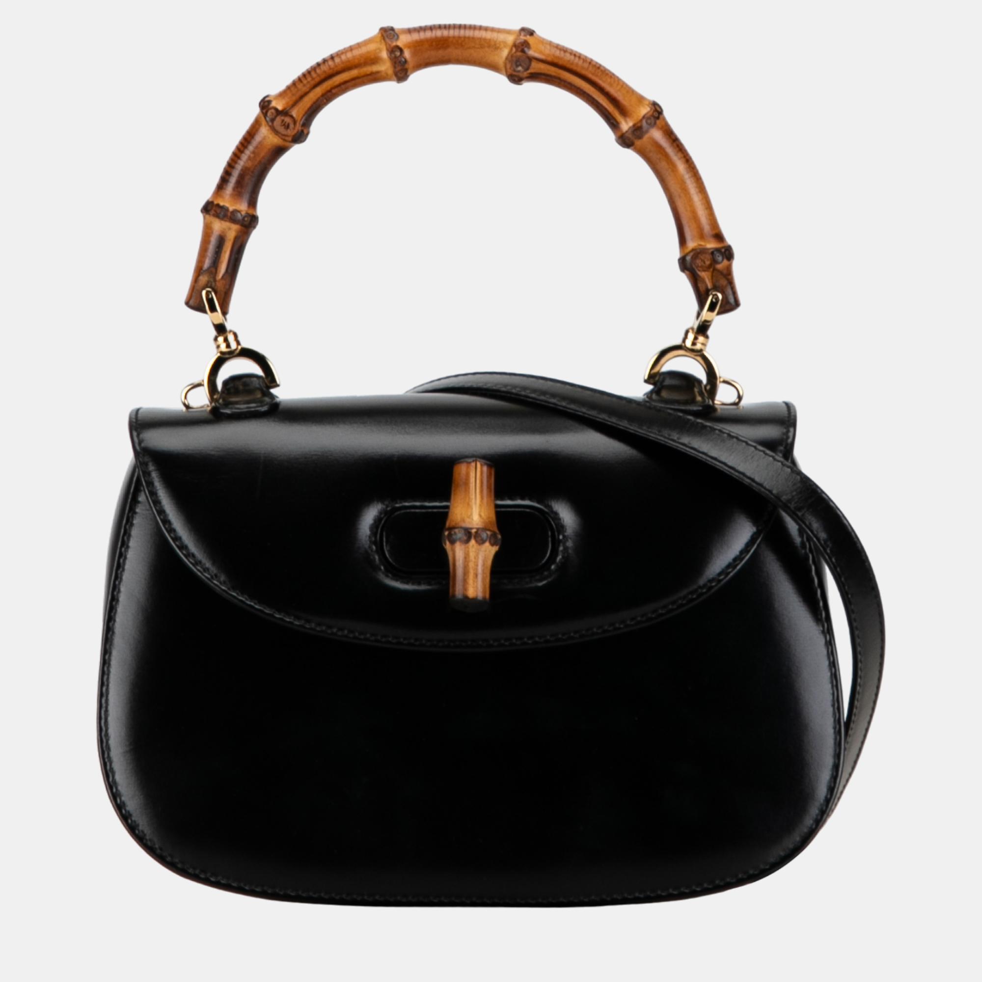 Gucci black small leather bamboo night satchel