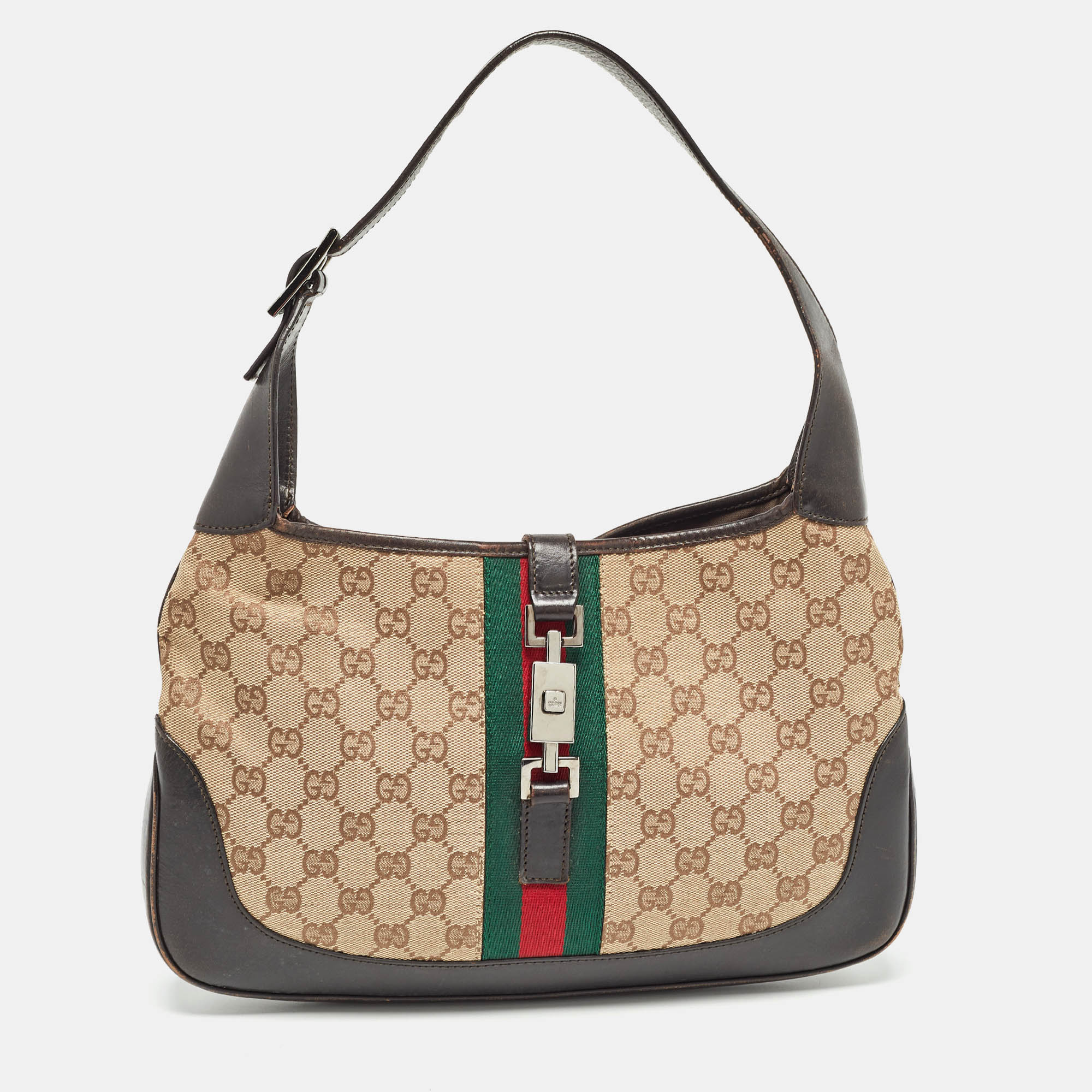 Gucci brown/beige gg canvas and leather bardot hobo