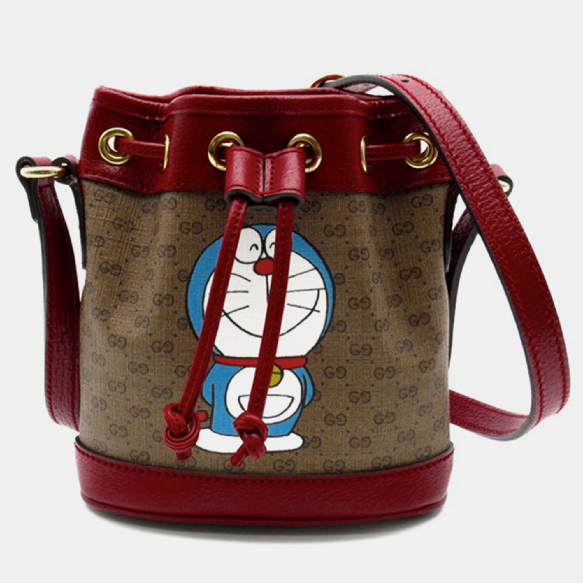 Gucci red leather x doraemon bucket bag