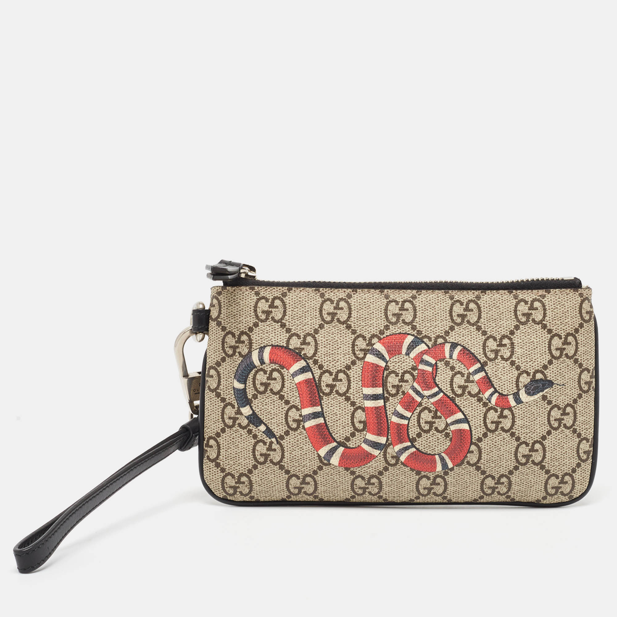 Gucci beige gg supreme canvas snake print wristlet pouch