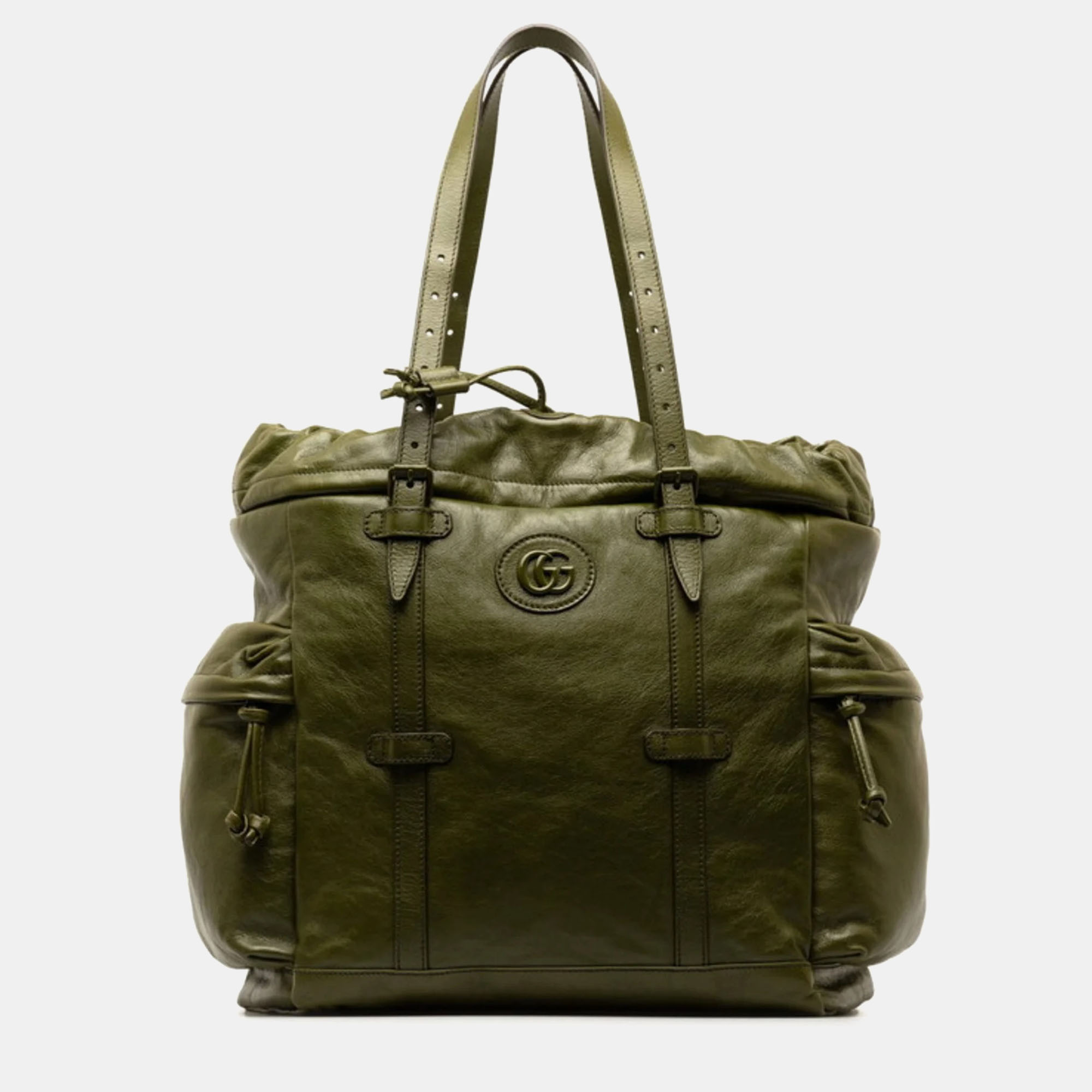Gucci green leather double g drawstring tote bag