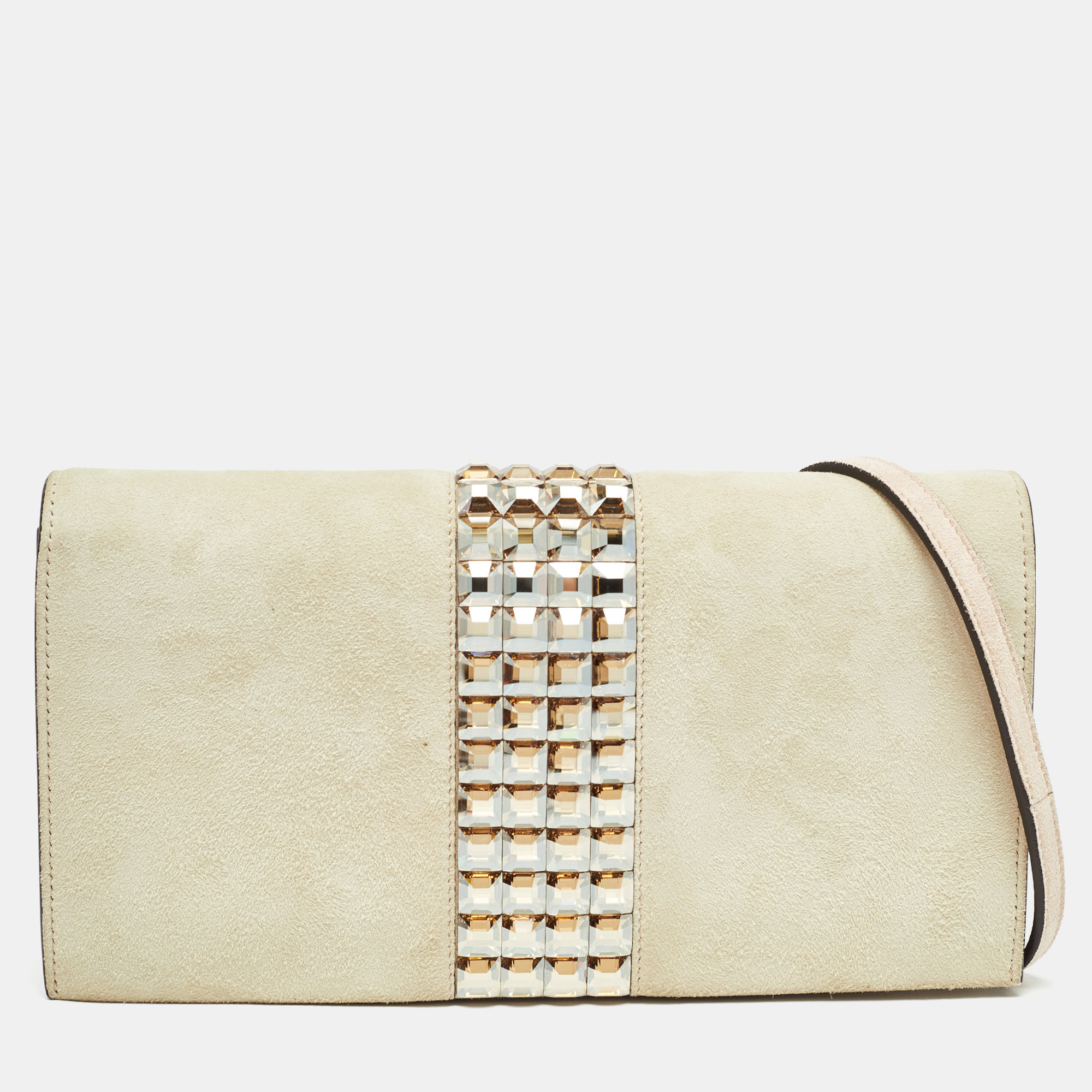 Gucci beige suede crystals embellished flap chain clutch