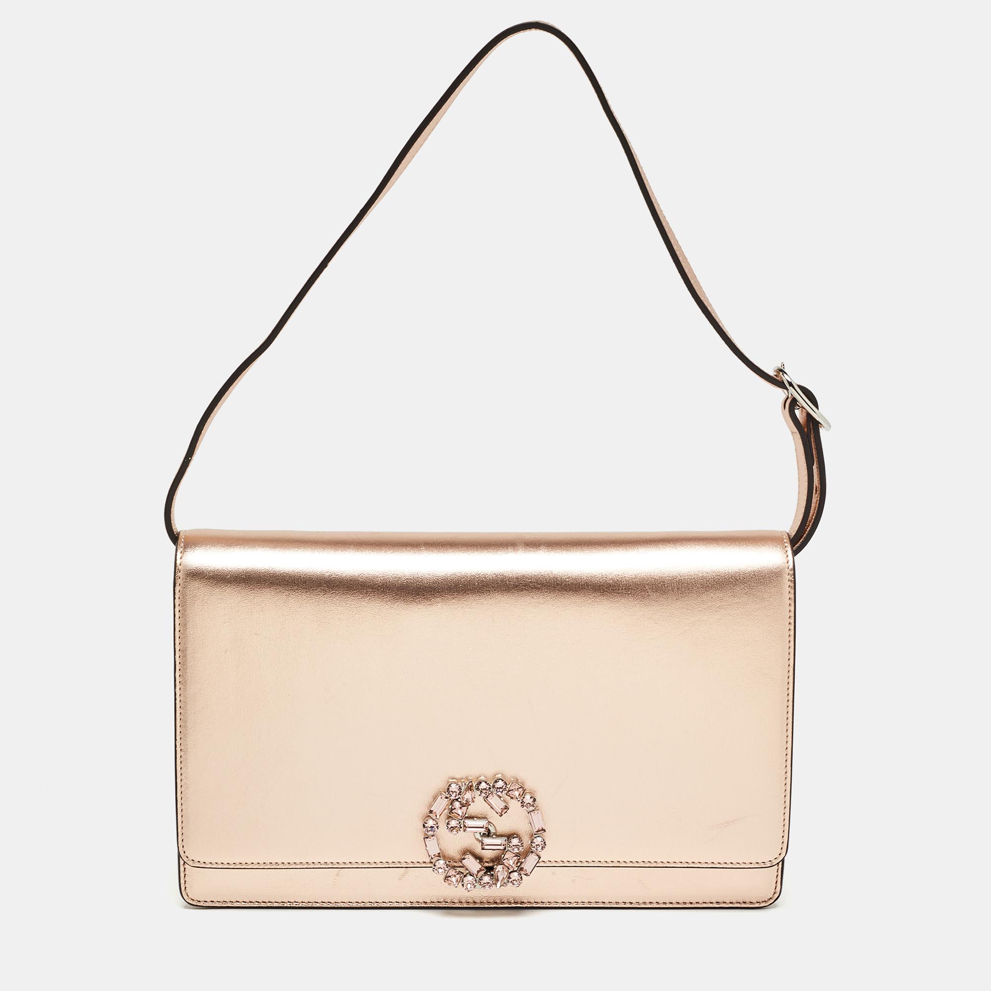 Gucci rose gold leather crystals broadway clutch bag