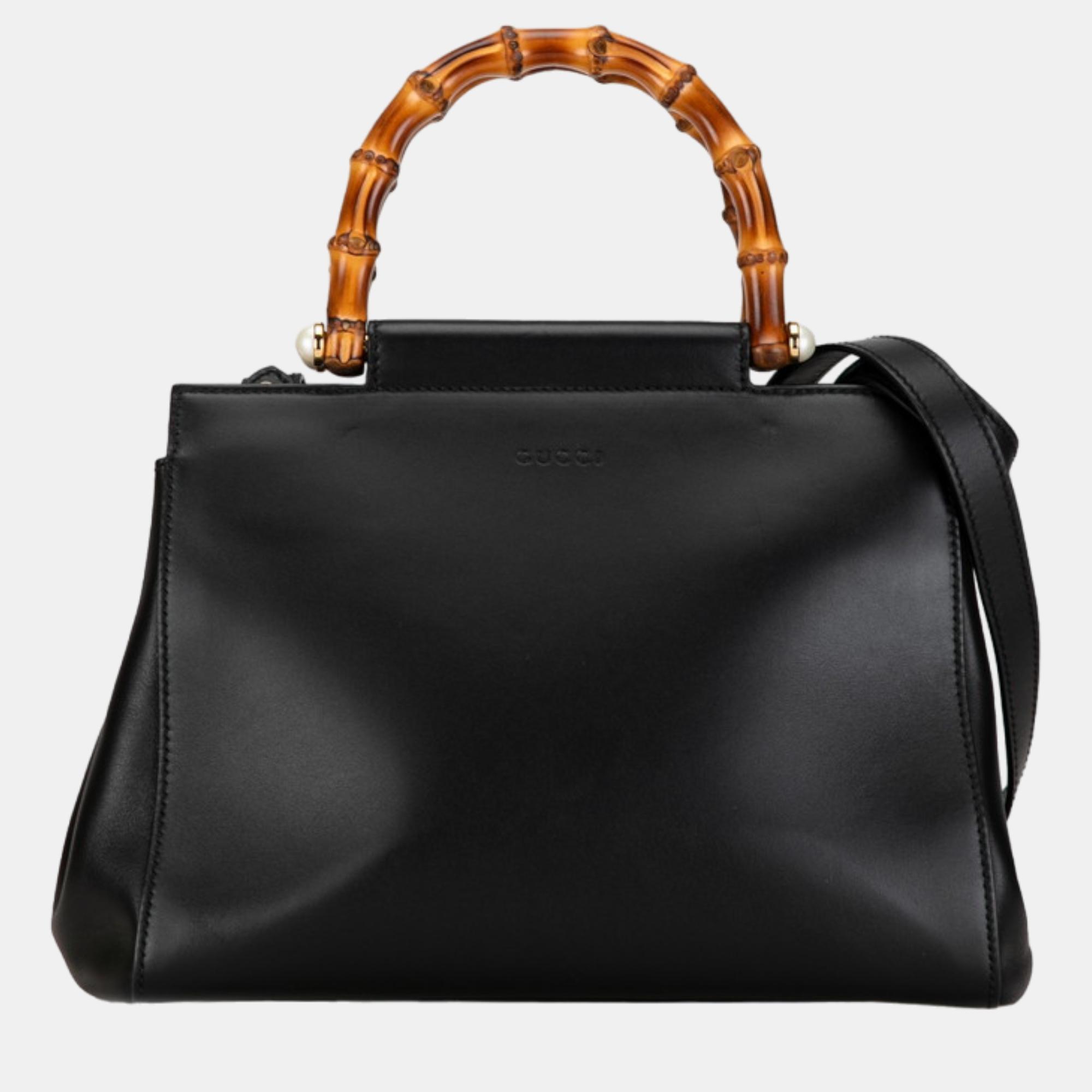 Gucci black leather bamboo nymphaea top handle bag
