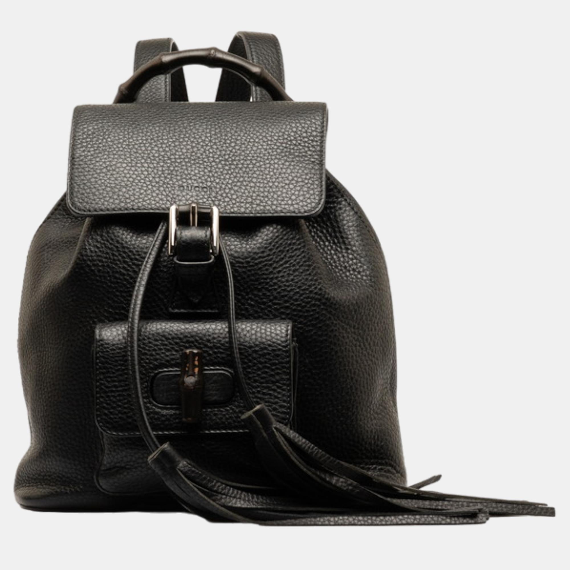 Gucci black leather bamboo tassel backpack
