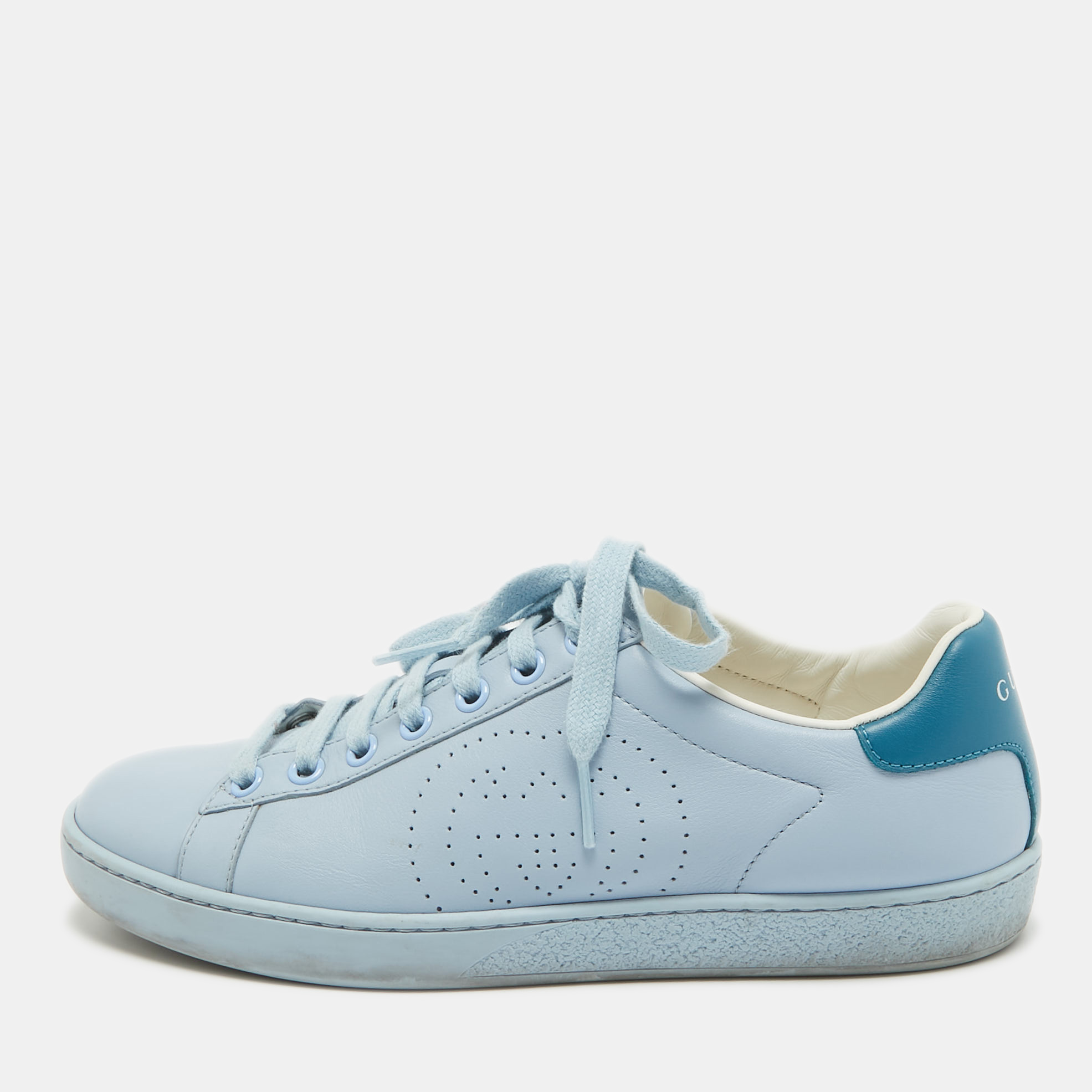 Gucci blue leather perforated interlocking g ace sneakers size 35.5