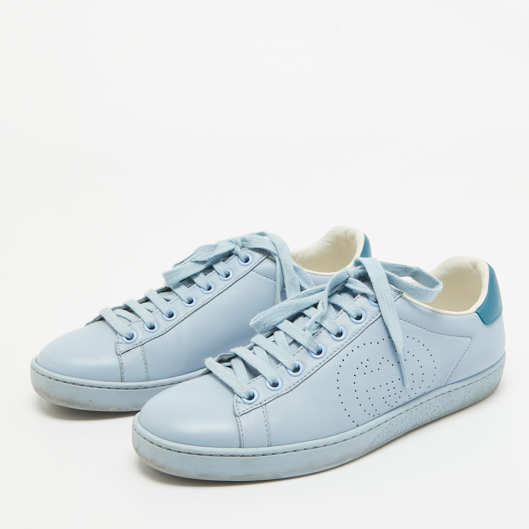 Gucci Blue Leather Perforated Interlocking G Ace Sneakers Size 35.5