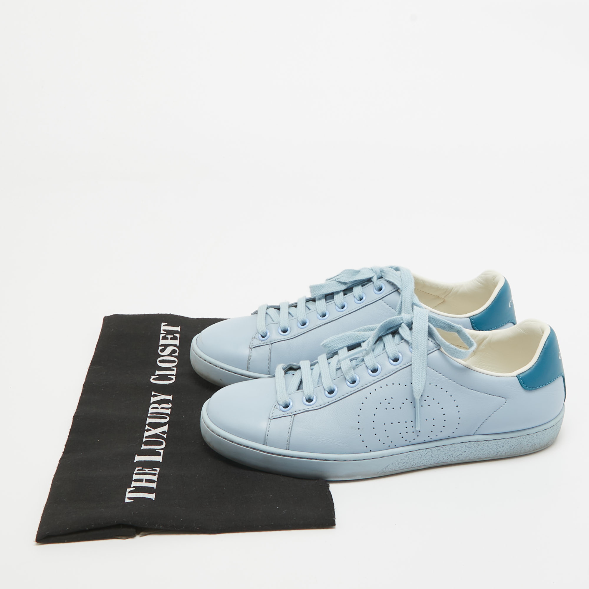 Gucci Blue Leather Perforated Interlocking G Ace Sneakers Size 35.5