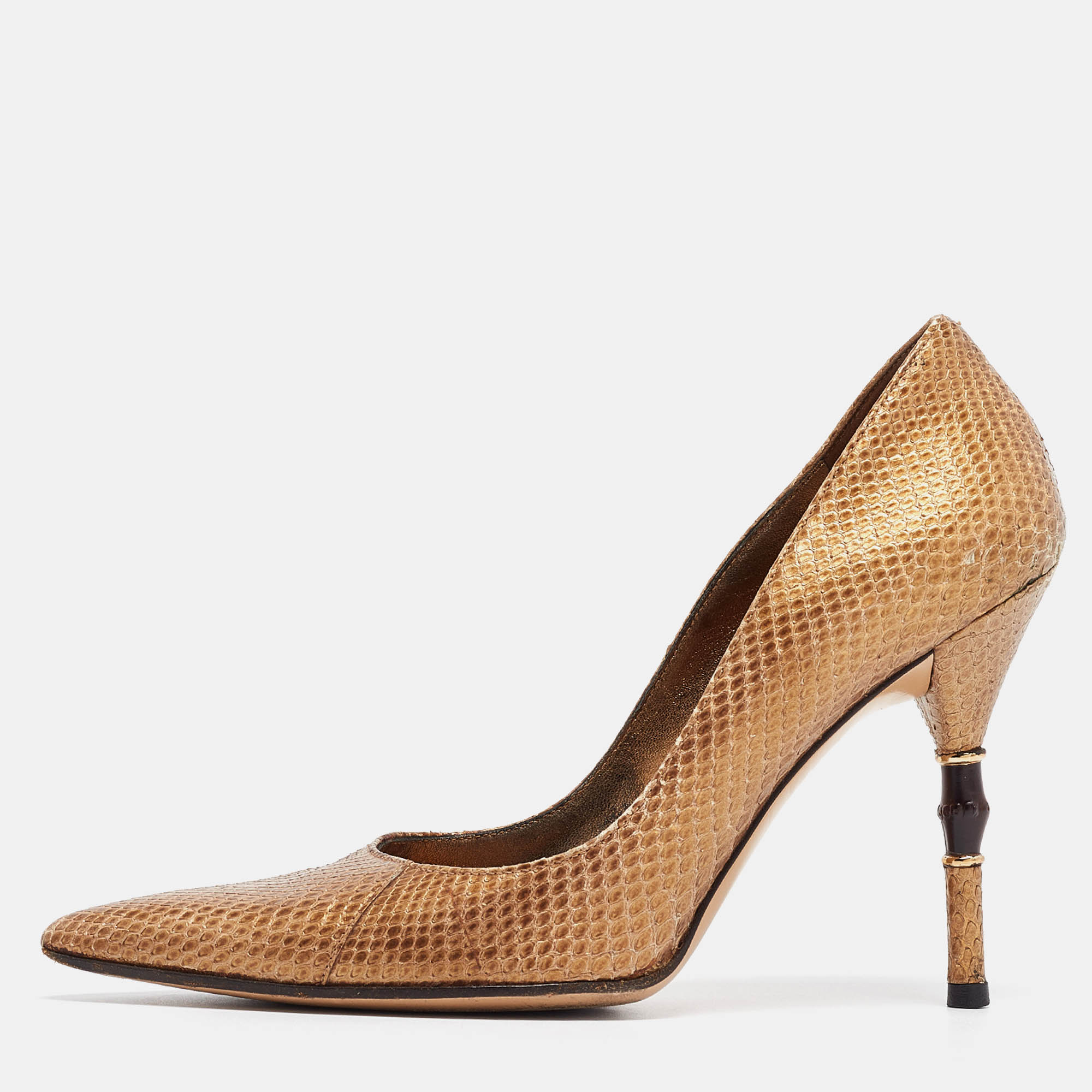 Gucci metallic gold snakeskin bamboo heel pumps size 36