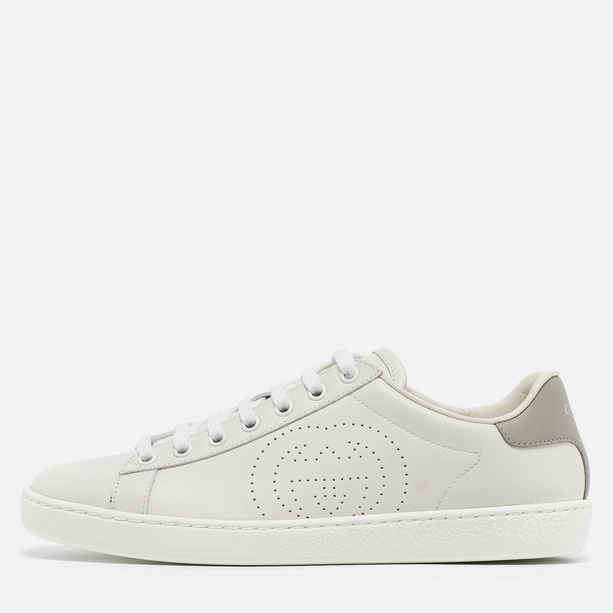 Gucci white perforated interlocking g leather ace sneakers size 38