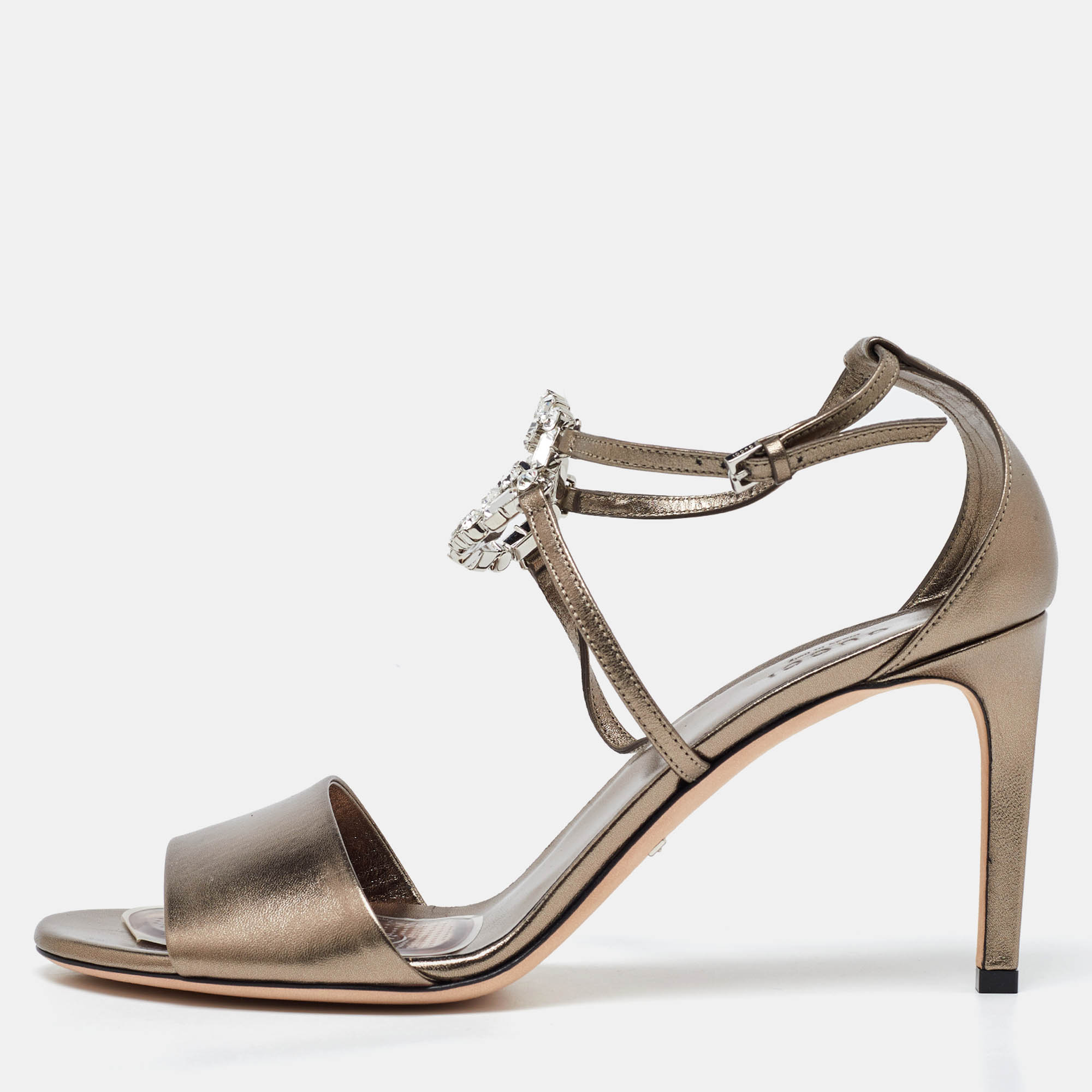 Gucci metallic leather crystal embellished interlocking g ankle strap sandals size 40.5